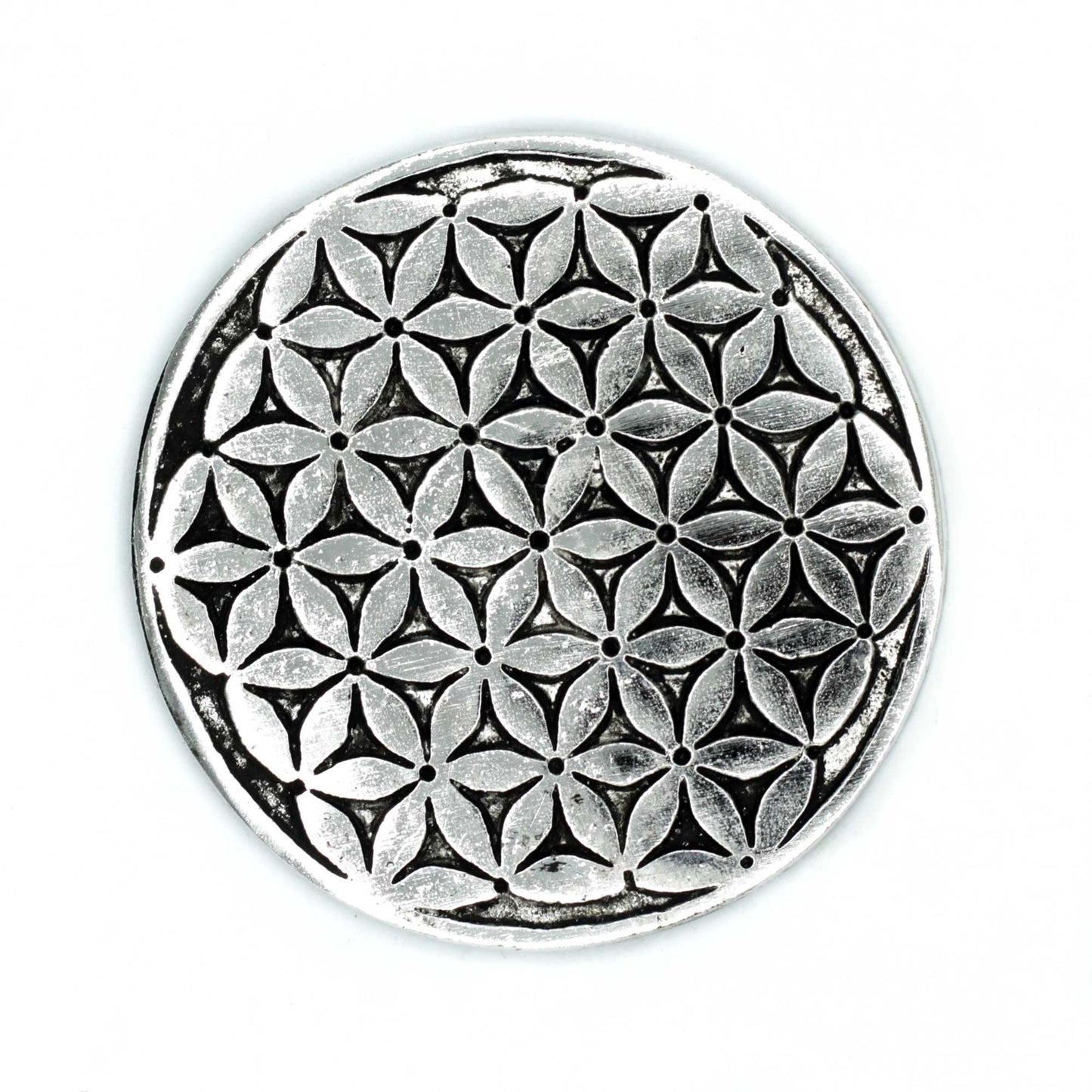 Polished aluminium round incense holder with Flower of Life pattern, 11cm diameter. Ideal for burning incense sticks or cones in spiritual settings.