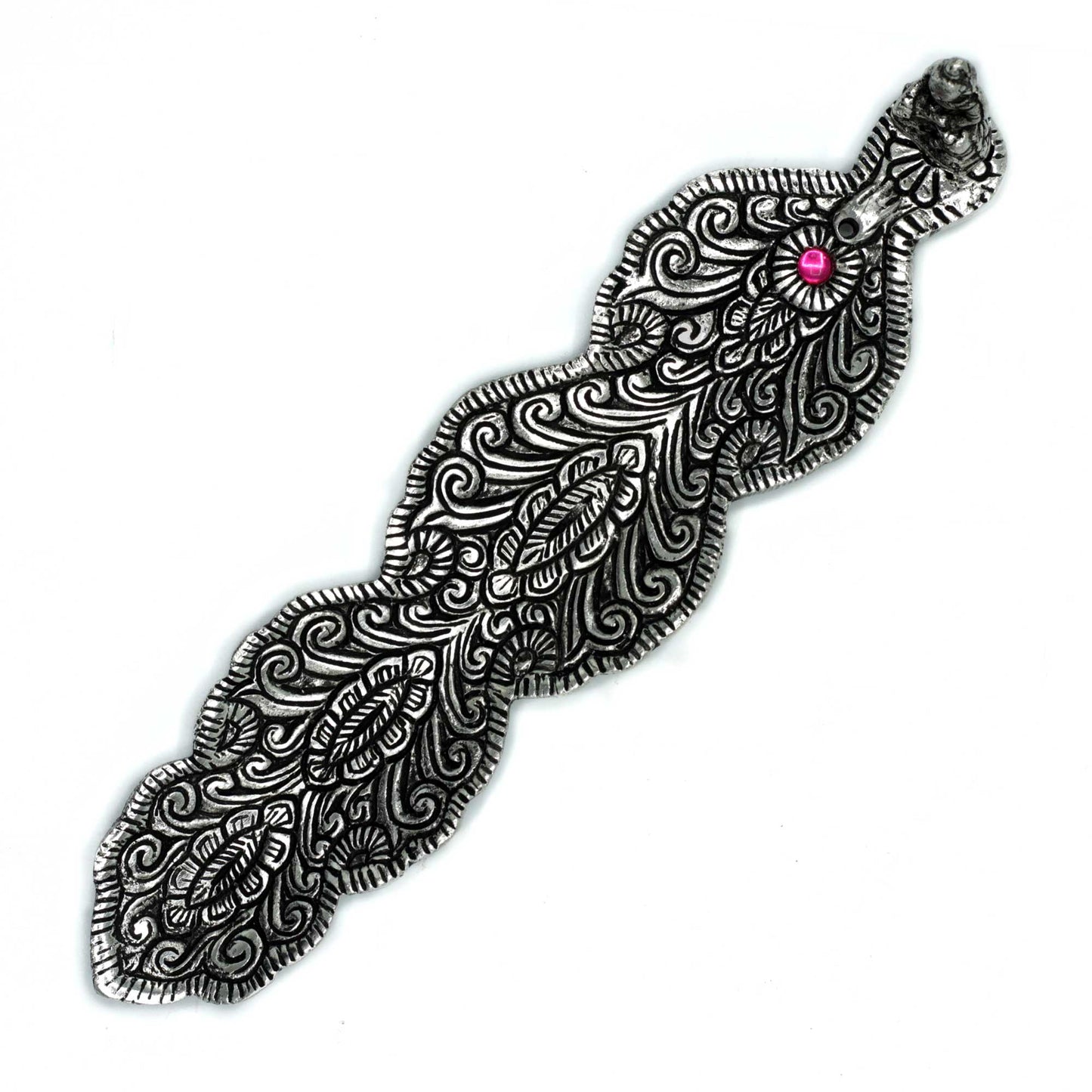 Polished aluminium feather-shaped incense holder with intricate engraving and a Buddha figure. 23cm long, ideal for stick incense and mindful décor.