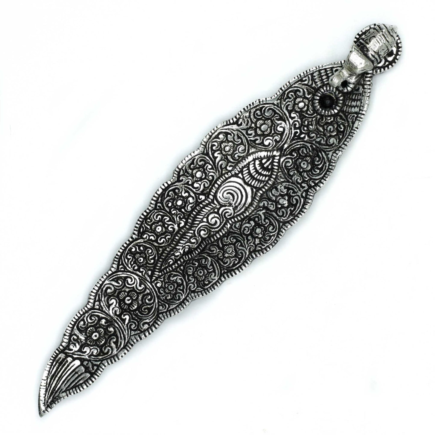 Polished aluminium incense holder with detailed etching and elephant figurine. 20cm long tray design for stick incense, symbolising wisdom and good fortune.