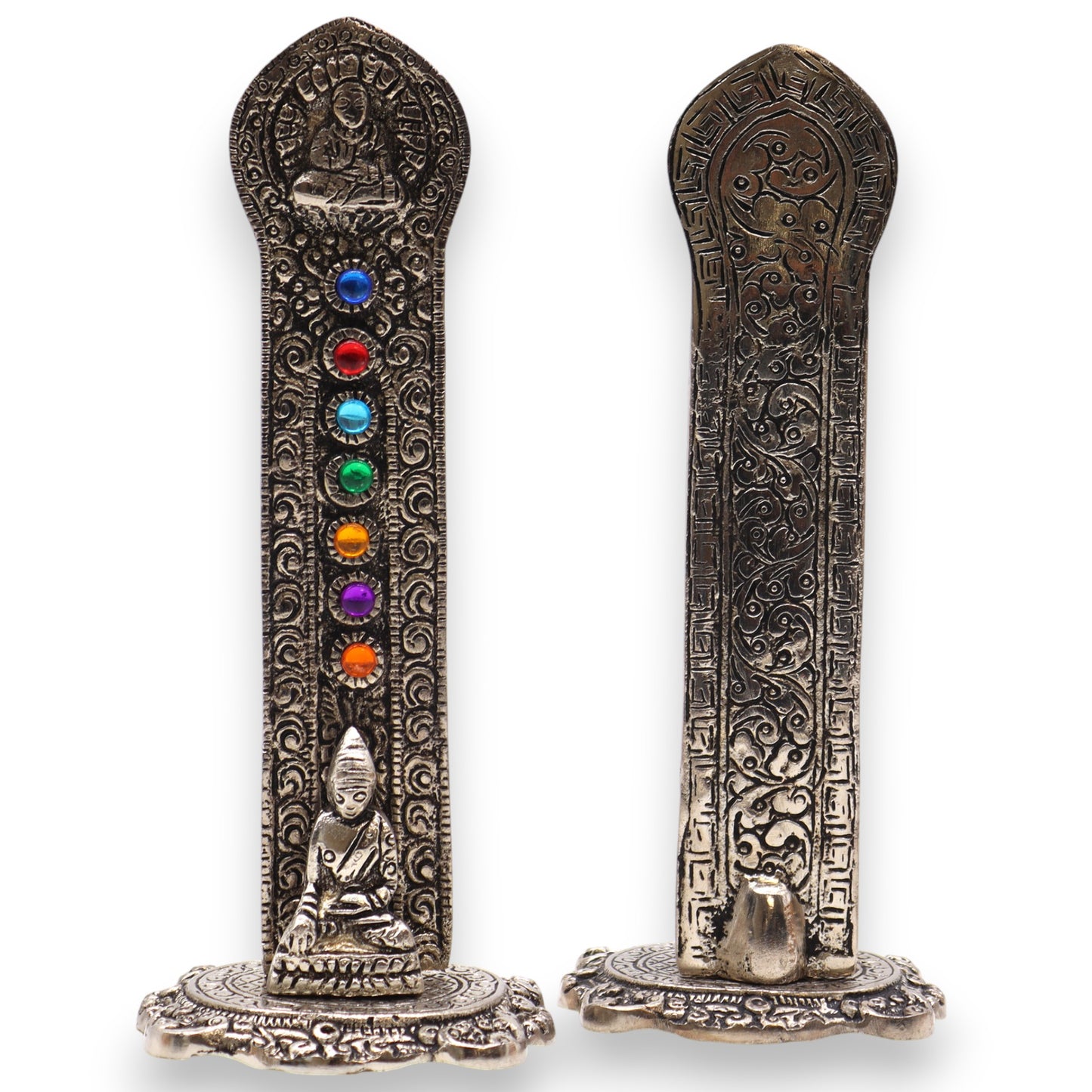 Handcrafted polished aluminium incense holder with seated Buddha and seven chakra stones. 16x6x7cm tower design ideal for meditation or altar use.
