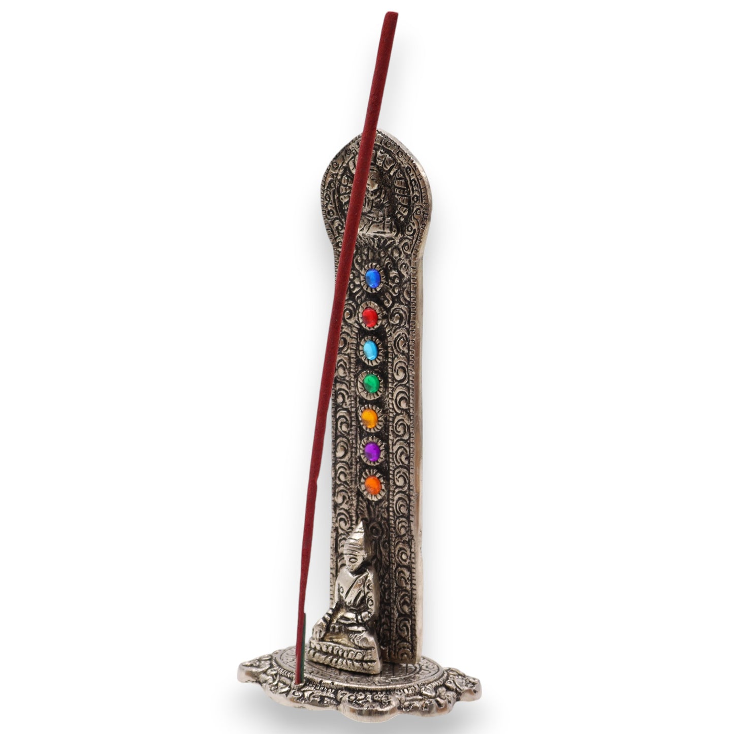 Handcrafted polished aluminium incense holder with seated Buddha and seven chakra stones. 16x6x7cm tower design ideal for meditation or altar use.