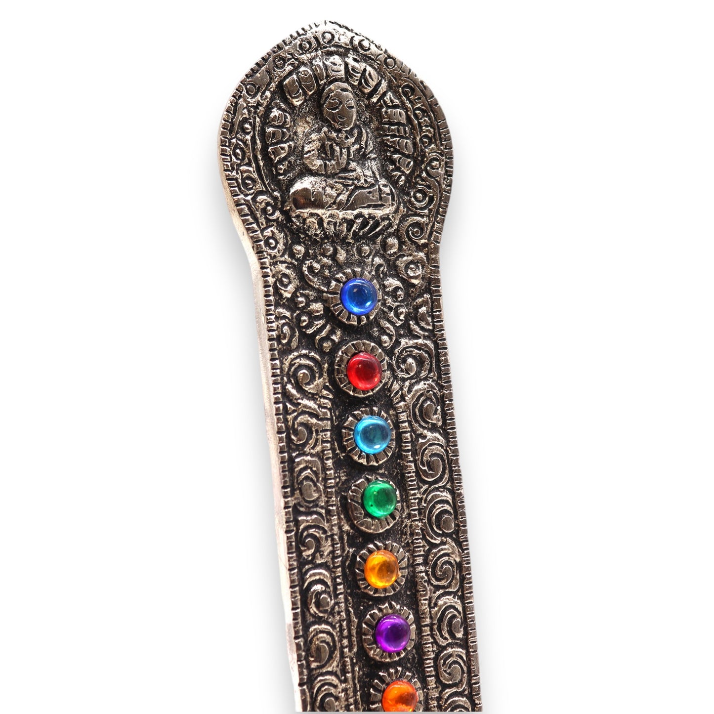 Handcrafted polished aluminium incense holder with seated Buddha and seven chakra stones. 16x6x7cm tower design ideal for meditation or altar use.