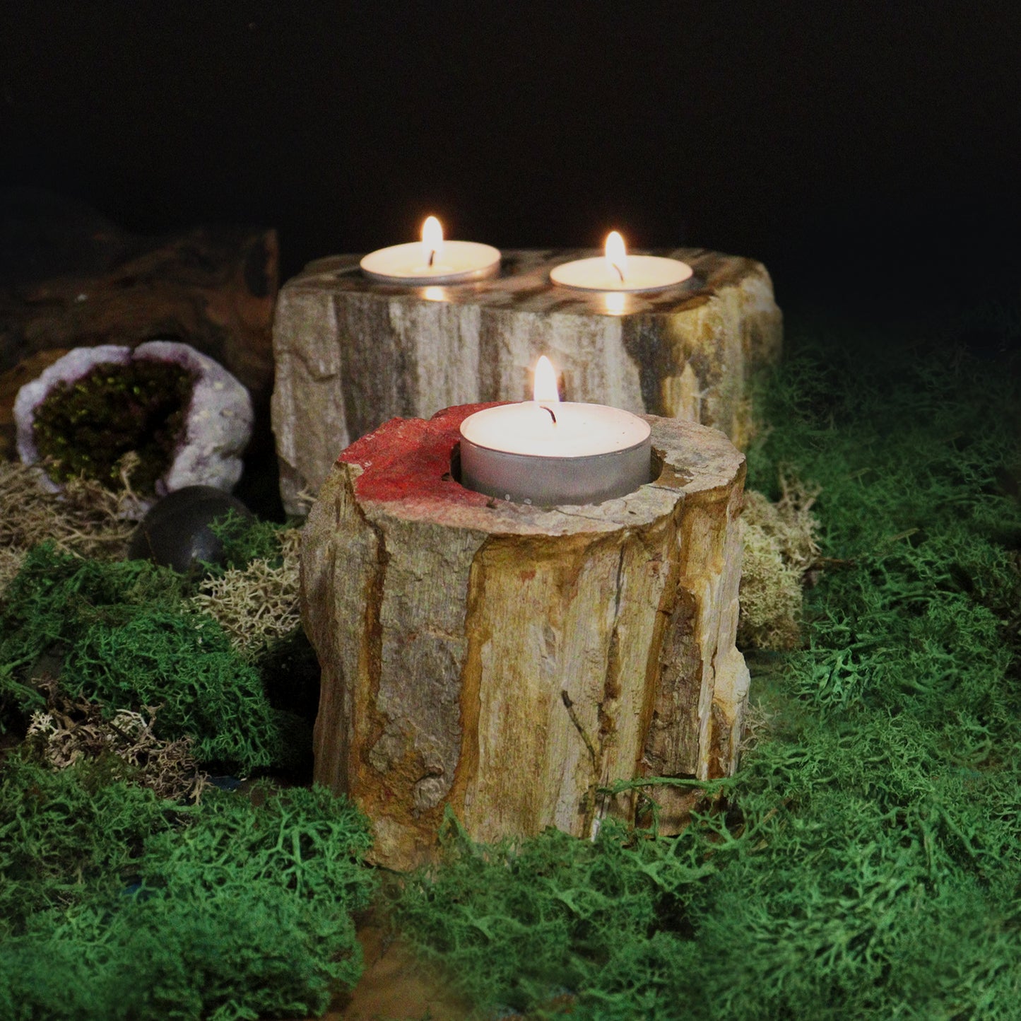 Single short petrified wood candle holder – rustic natural tea light holder