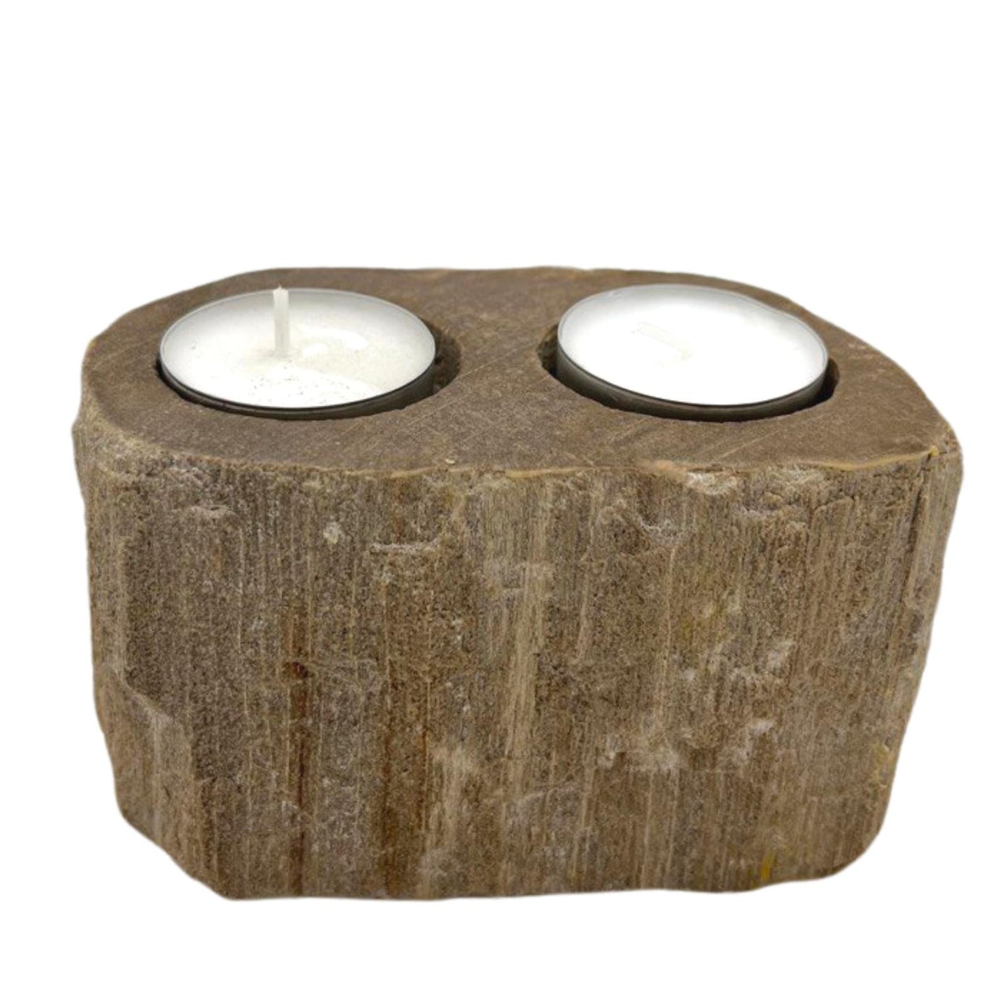 Double petrified wood candle holder – rustic holder for two tea lights