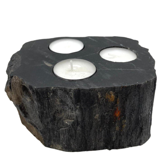 Triple petrified wood candle holder – natural centrepiece for three tea lights