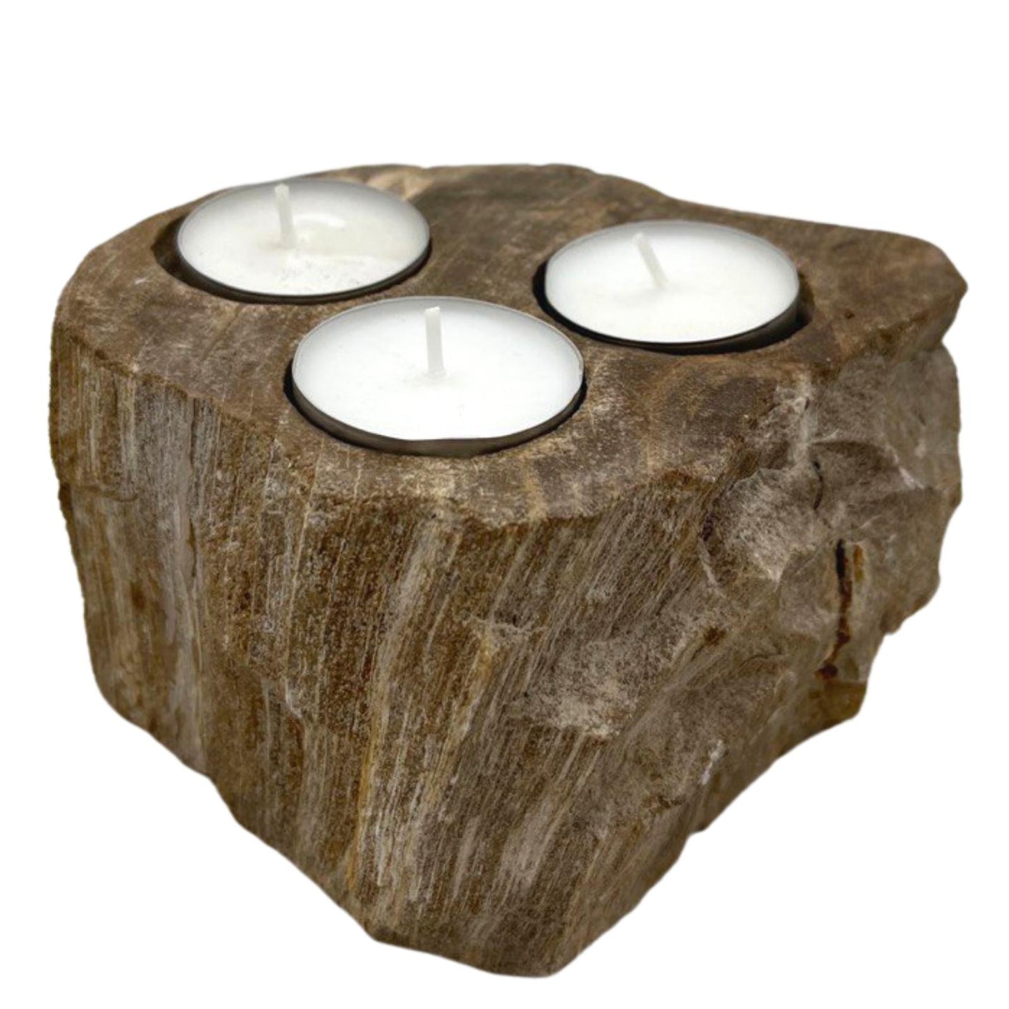 Triple petrified wood candle holder – natural centrepiece for three tea lights