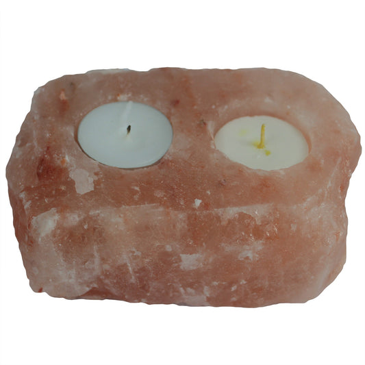 Double Himalayan salt candle holder – natural pink salt crystal for two tea lights