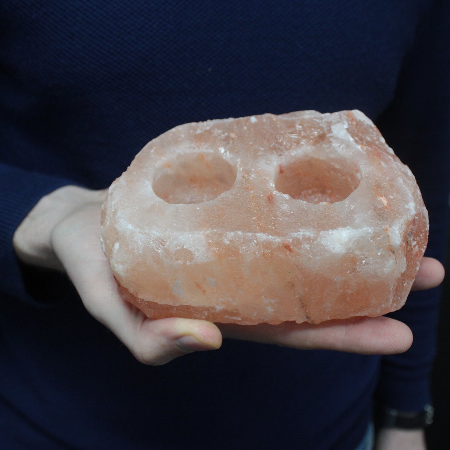 Double Himalayan salt candle holder – natural pink salt crystal for two tea lights