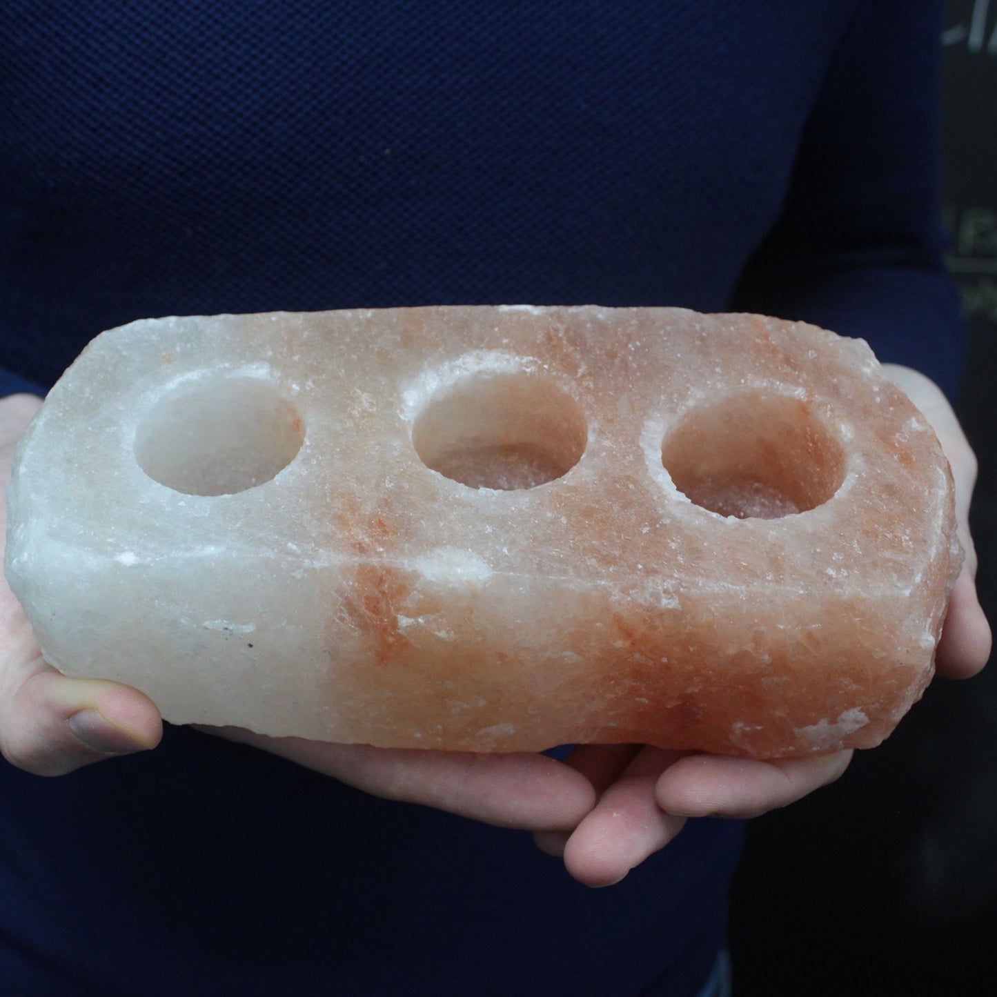 Triple Himalayan salt candle holder – natural pink crystal holder for three tea lights