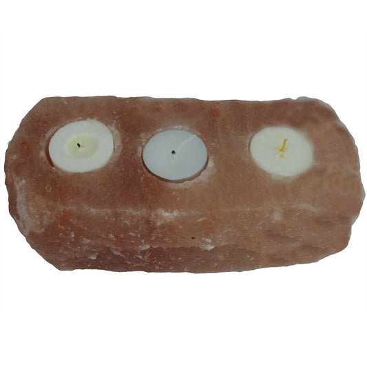 Triple Himalayan salt candle holder – natural pink crystal holder for three tea lights