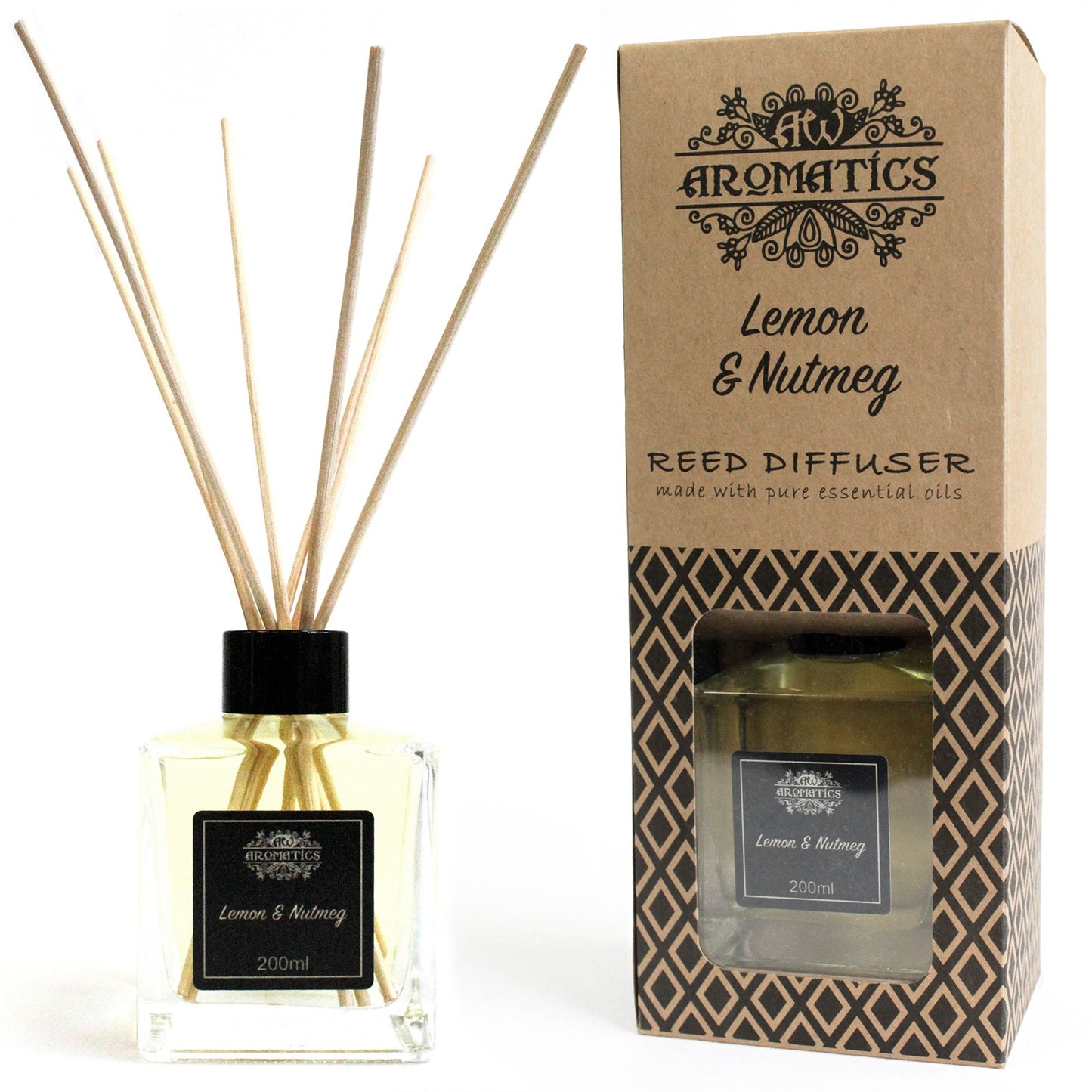 Reed diffuser with Lemon & Nutmeg essential oils – 200ml glass bottle in gift box