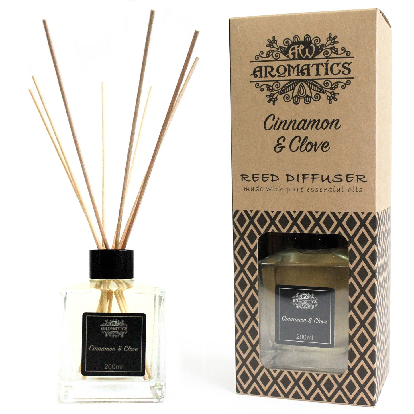 Reed diffuser with Cinnamon & Clove essential oils – 200ml warm spice scent in gift box