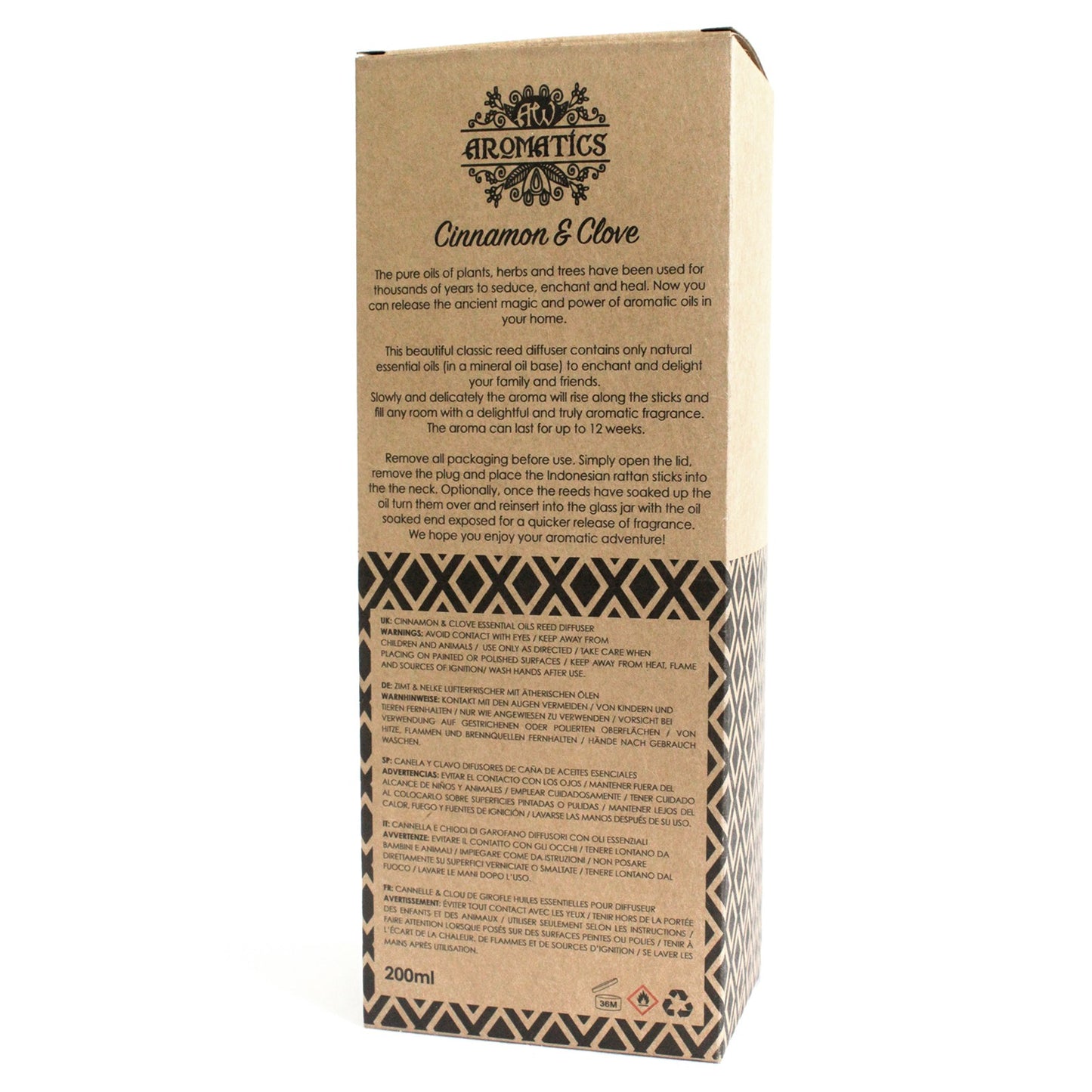Reed diffuser with Cinnamon & Clove essential oils – 200ml warm spice scent in gift box