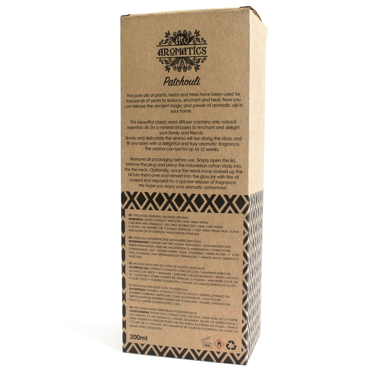 Reed diffuser with Patchouli essential oil – 200ml earthy scent in gift box