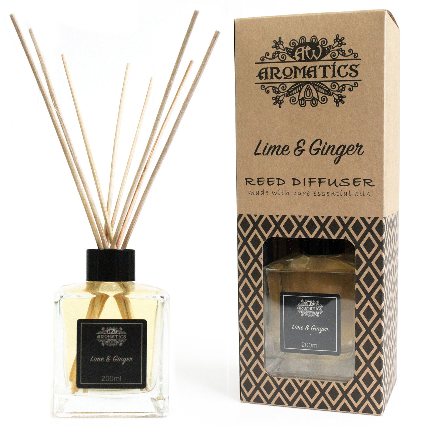 200ml reed diffuser with Lime & Ginger essential oils in a boxed glass bottle