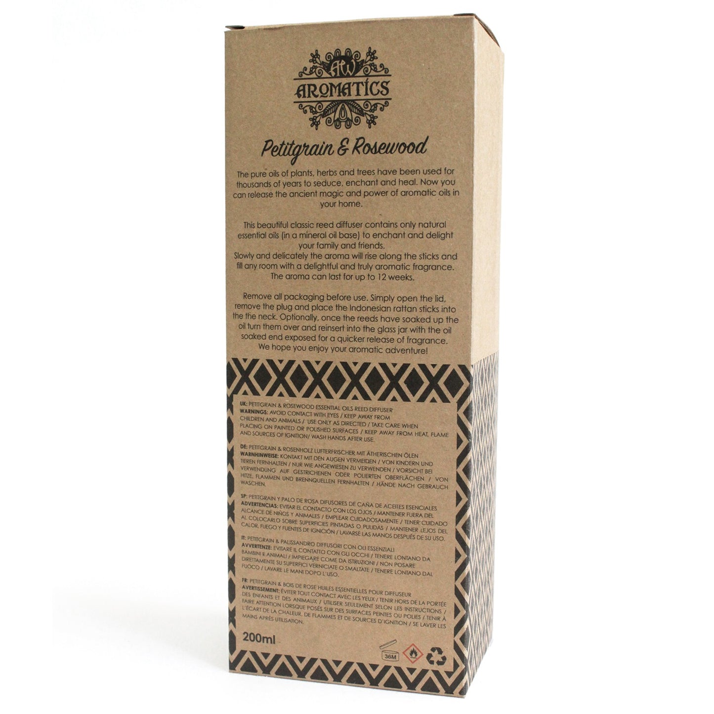 200ml reed diffuser with Petitgrain and Rosewood essential oils in gift box