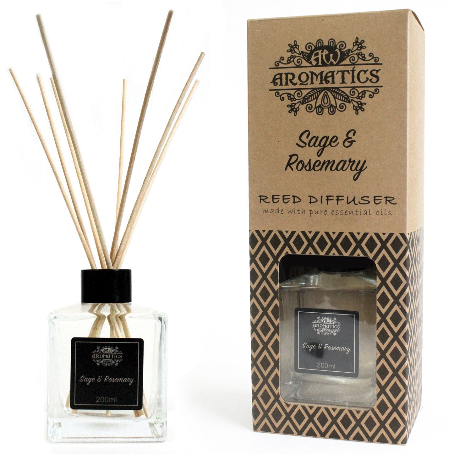 Reed diffuser 200ml with Sage and Rosemary essential oils in elegant gift box