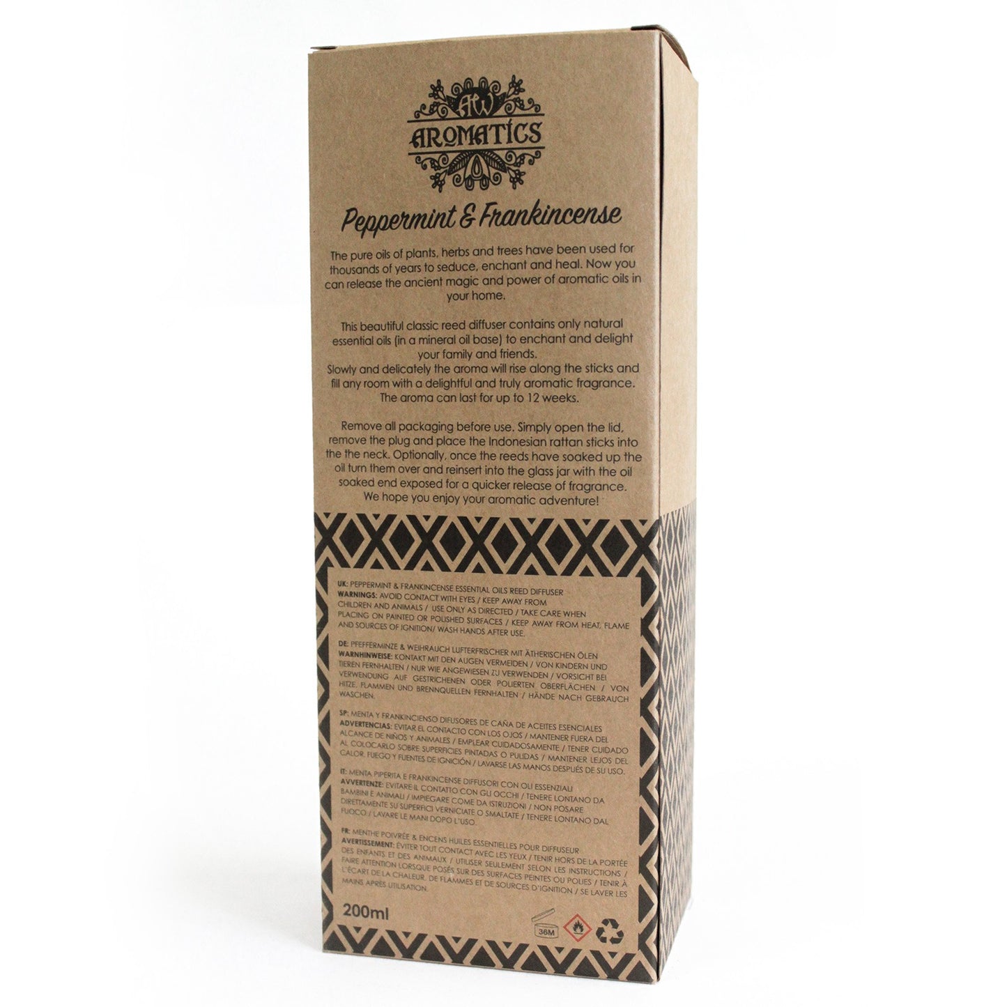 200ml Peppermint & Frankincense essential oil reed diffuser with rattan sticks