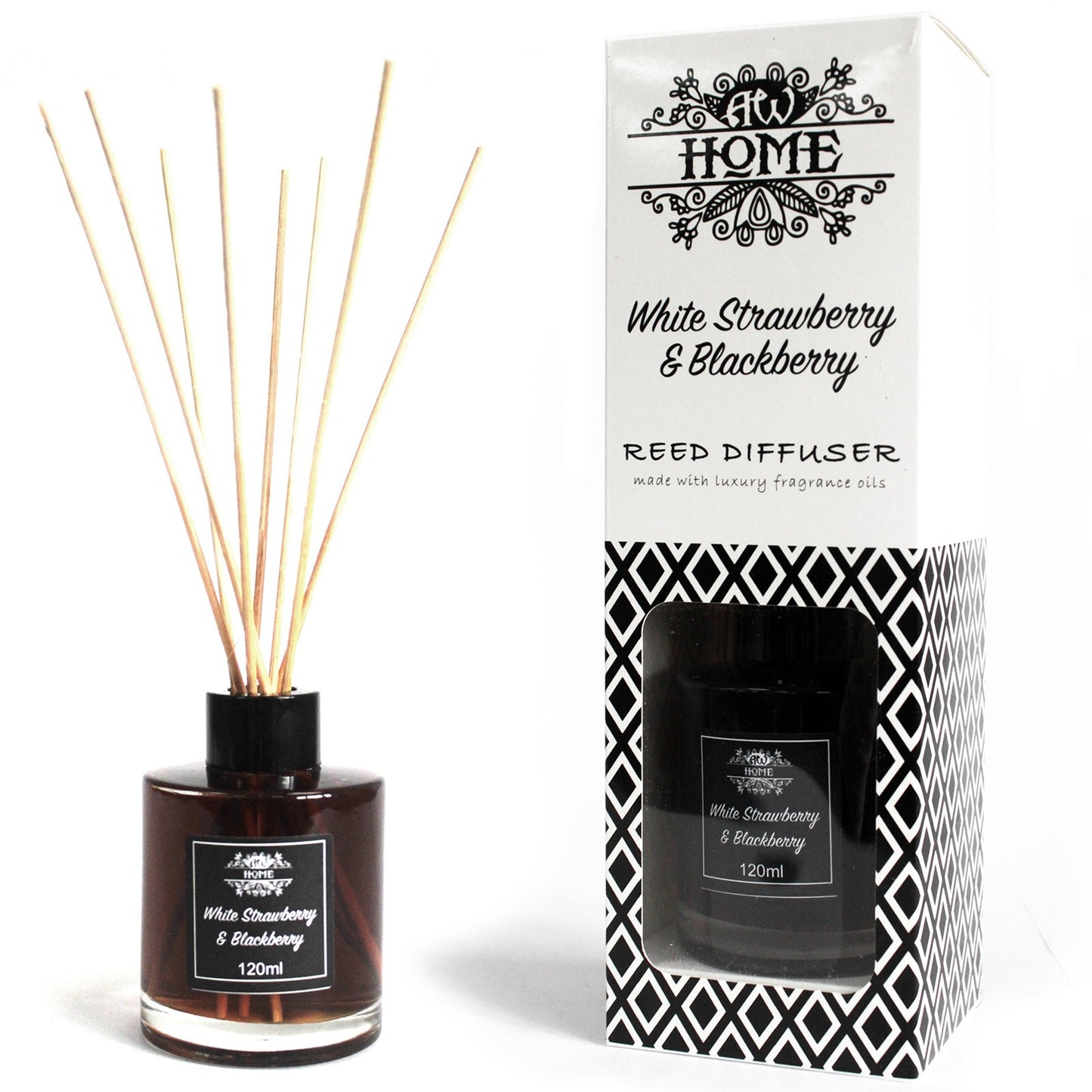 120ml reed diffuser with white strawberry and blackberry fragrance in glass bottle