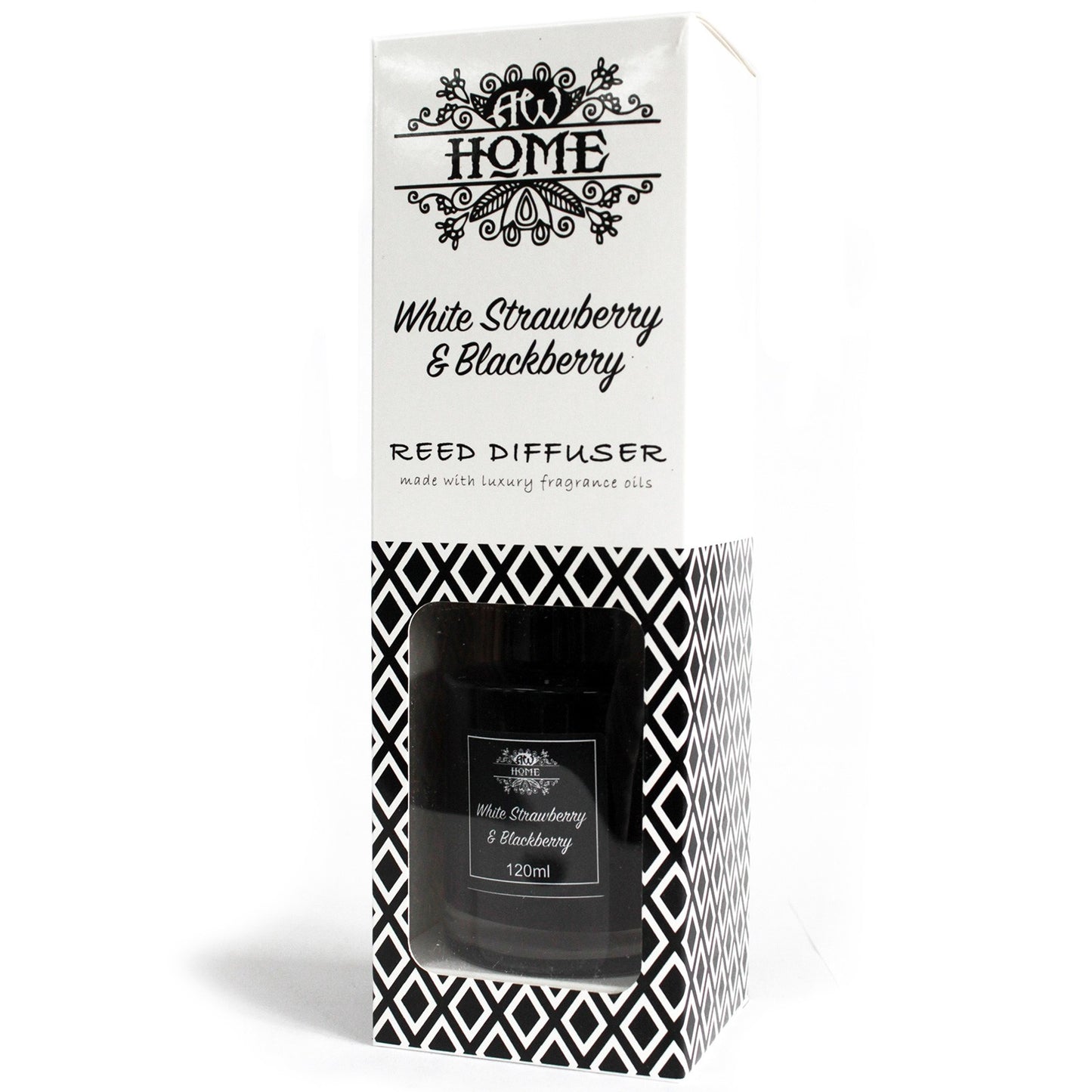 120ml reed diffuser with white strawberry and blackberry fragrance in glass bottle