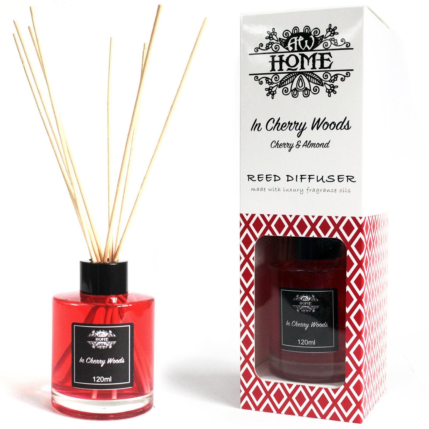 120ml reed diffuser with cherry and wood-inspired fragrance in glass bottle