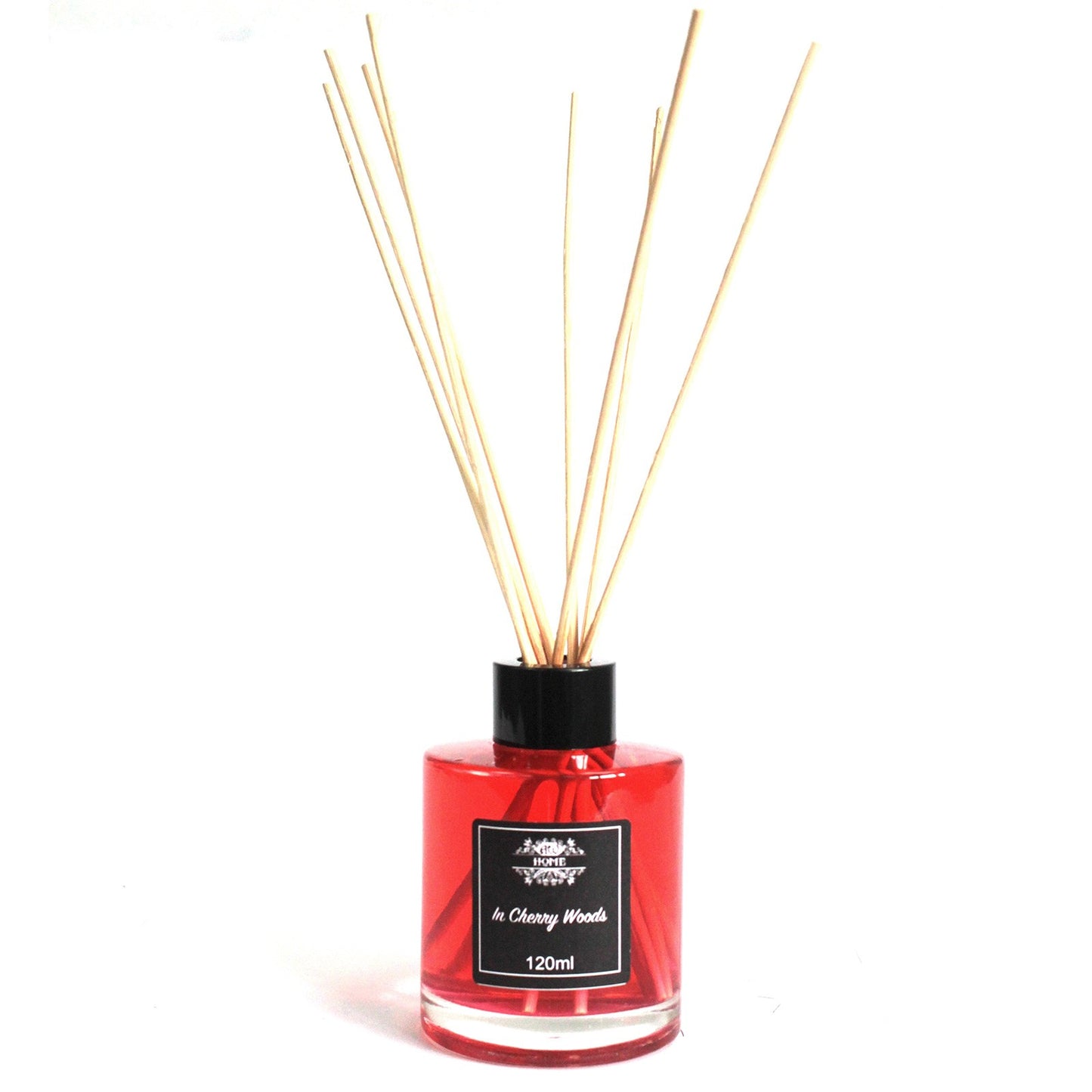 120ml reed diffuser with cherry and wood-inspired fragrance in glass bottle