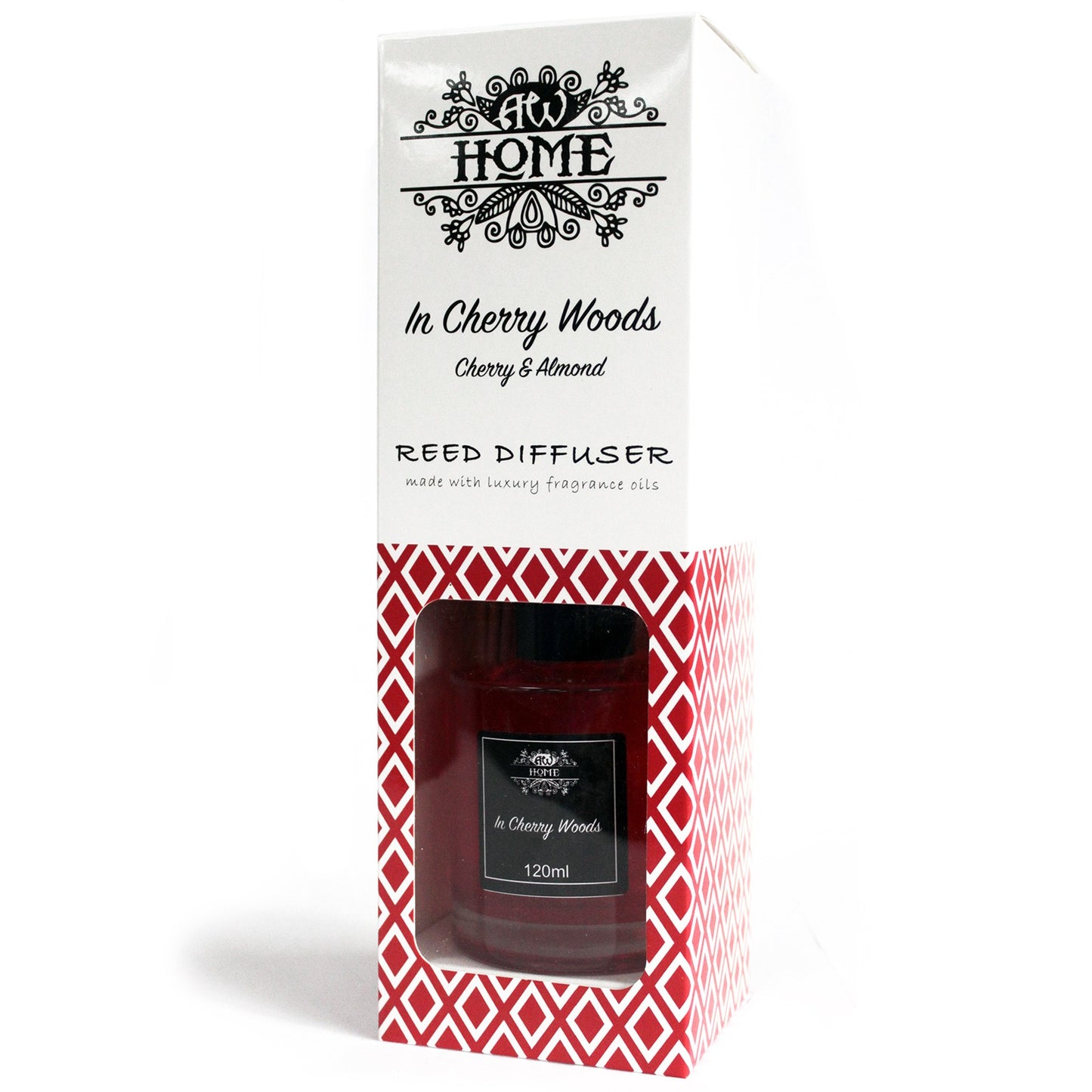 120ml reed diffuser with cherry and wood-inspired fragrance in glass bottle