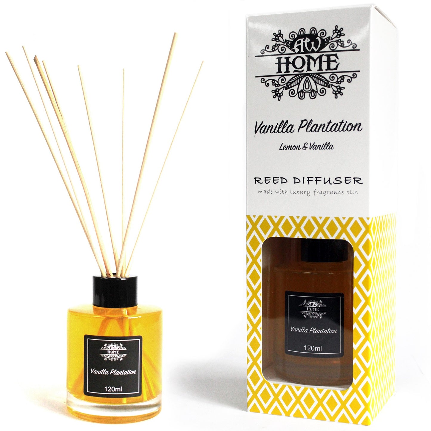 Vanilla Plantation 120ml reed diffuser in clear glass bottle with rattan reeds