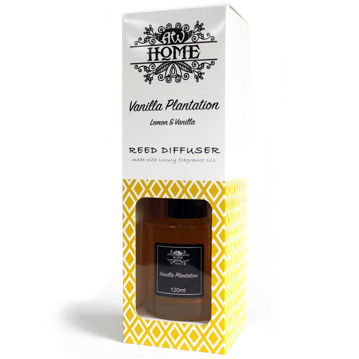 Vanilla Plantation 120ml reed diffuser in clear glass bottle with rattan reeds