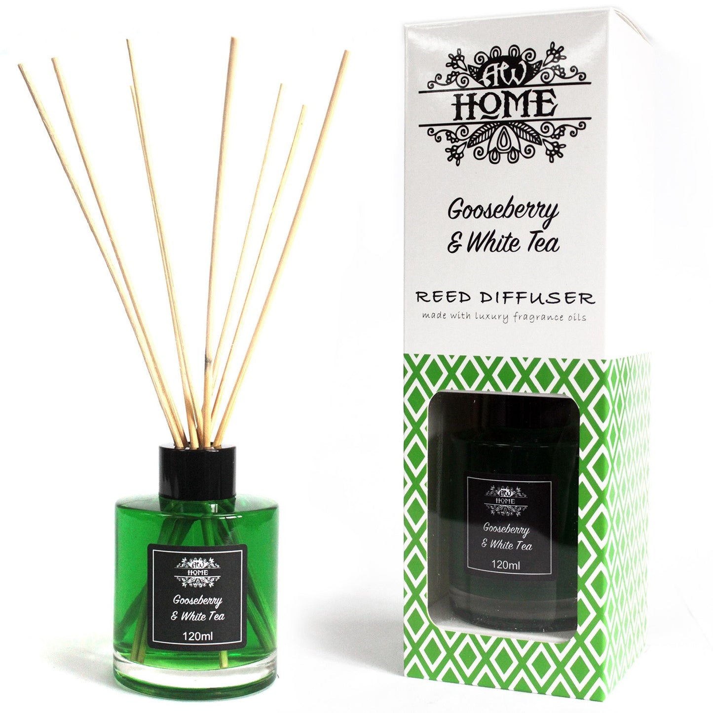 120ml reed diffuser with gooseberry and white tea fragrance in a clear glass bottle