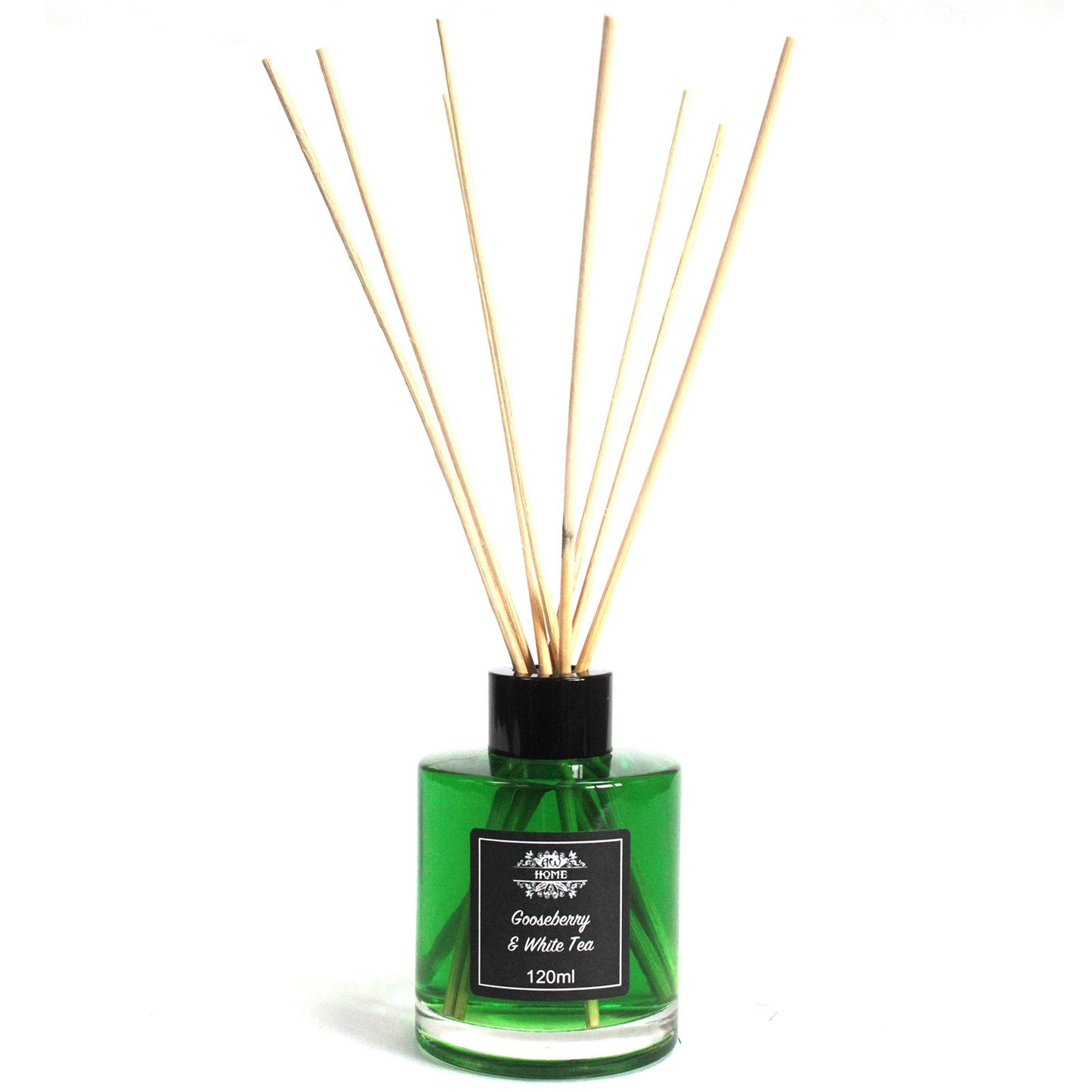 120ml reed diffuser with gooseberry and white tea fragrance in a clear glass bottle
