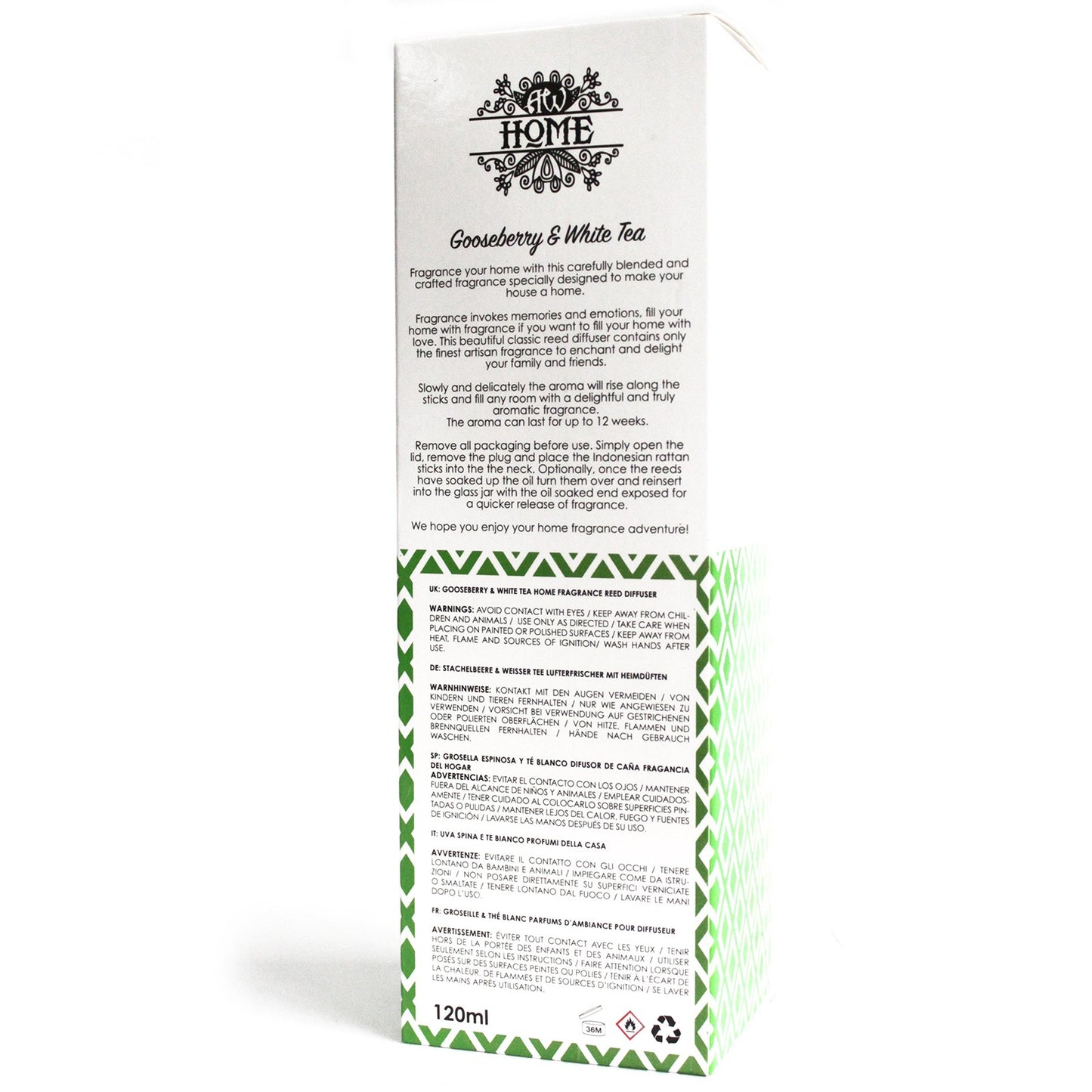 120ml reed diffuser with gooseberry and white tea fragrance in a clear glass bottle