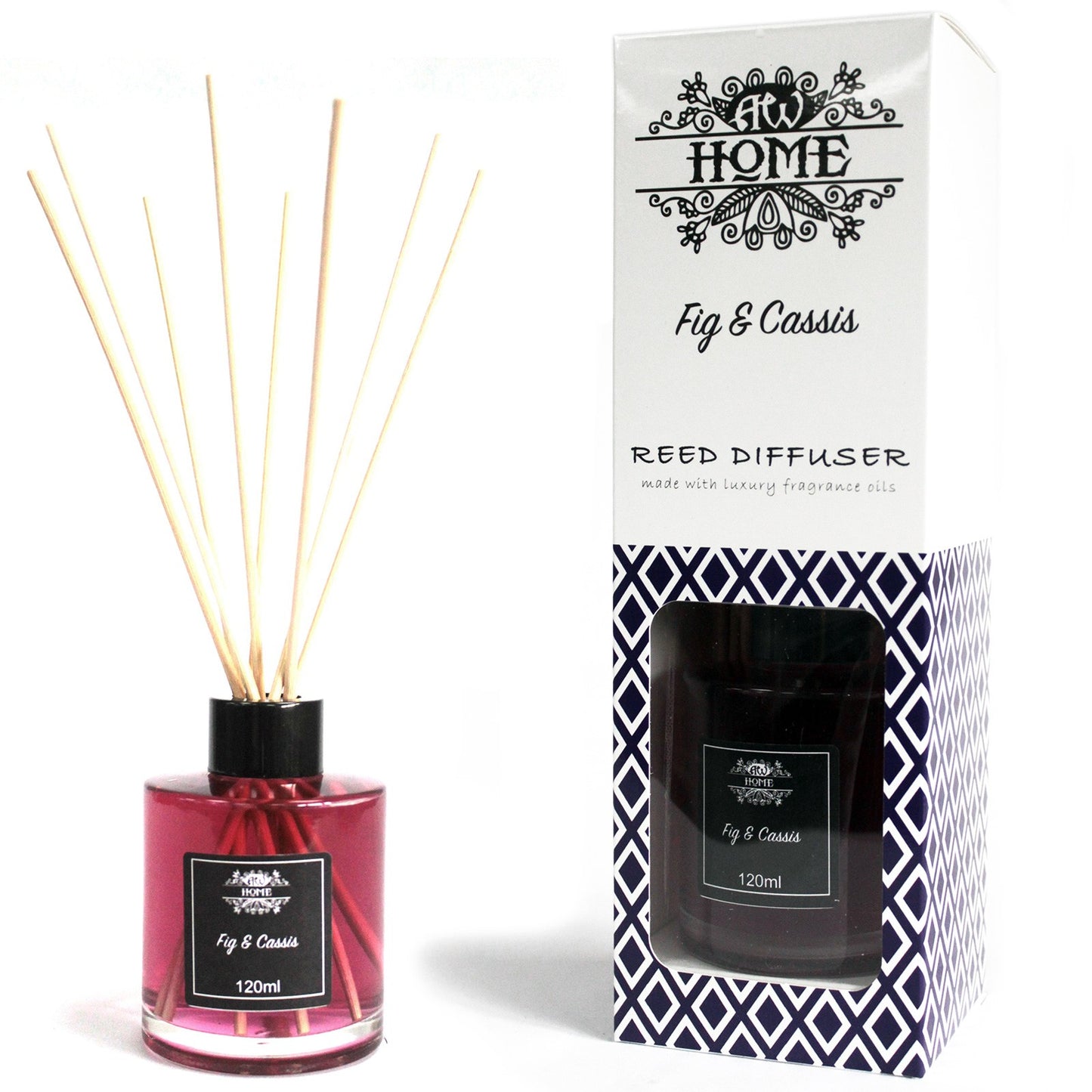 120ml reed diffuser with fig and cassis fragrance in a glass bottle