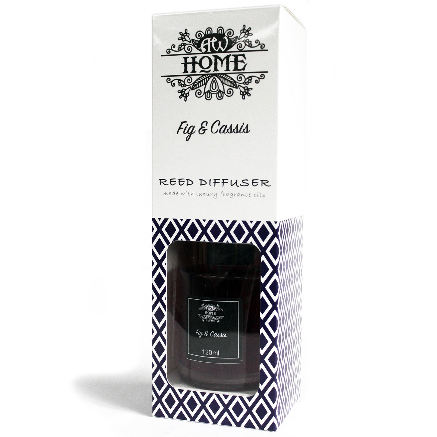 120ml reed diffuser with fig and cassis fragrance in a glass bottle