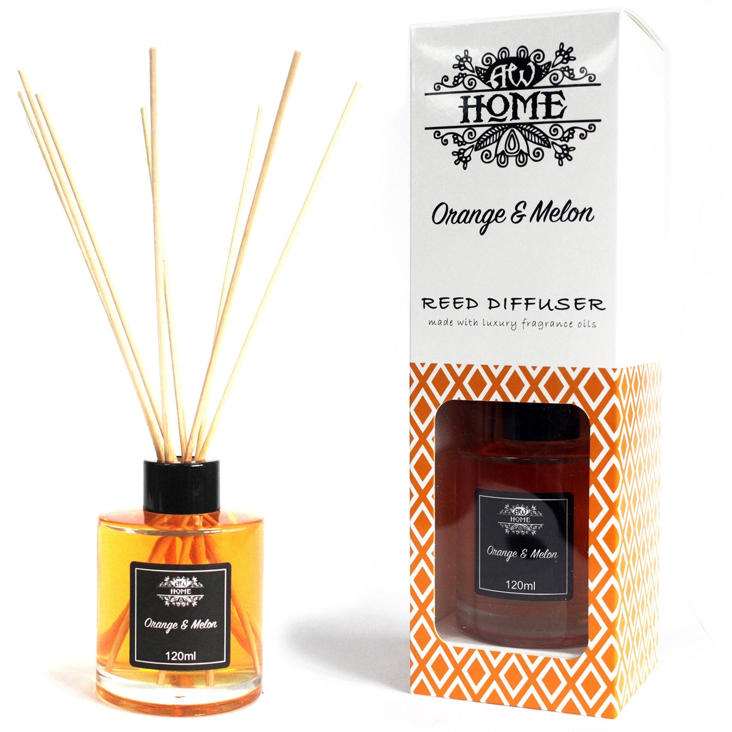 120ml reed diffuser with orange and melon fragrance in a clear glass bottle