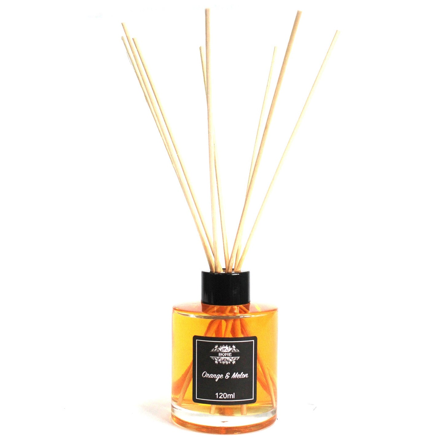 120ml reed diffuser with orange and melon fragrance in a clear glass bottle