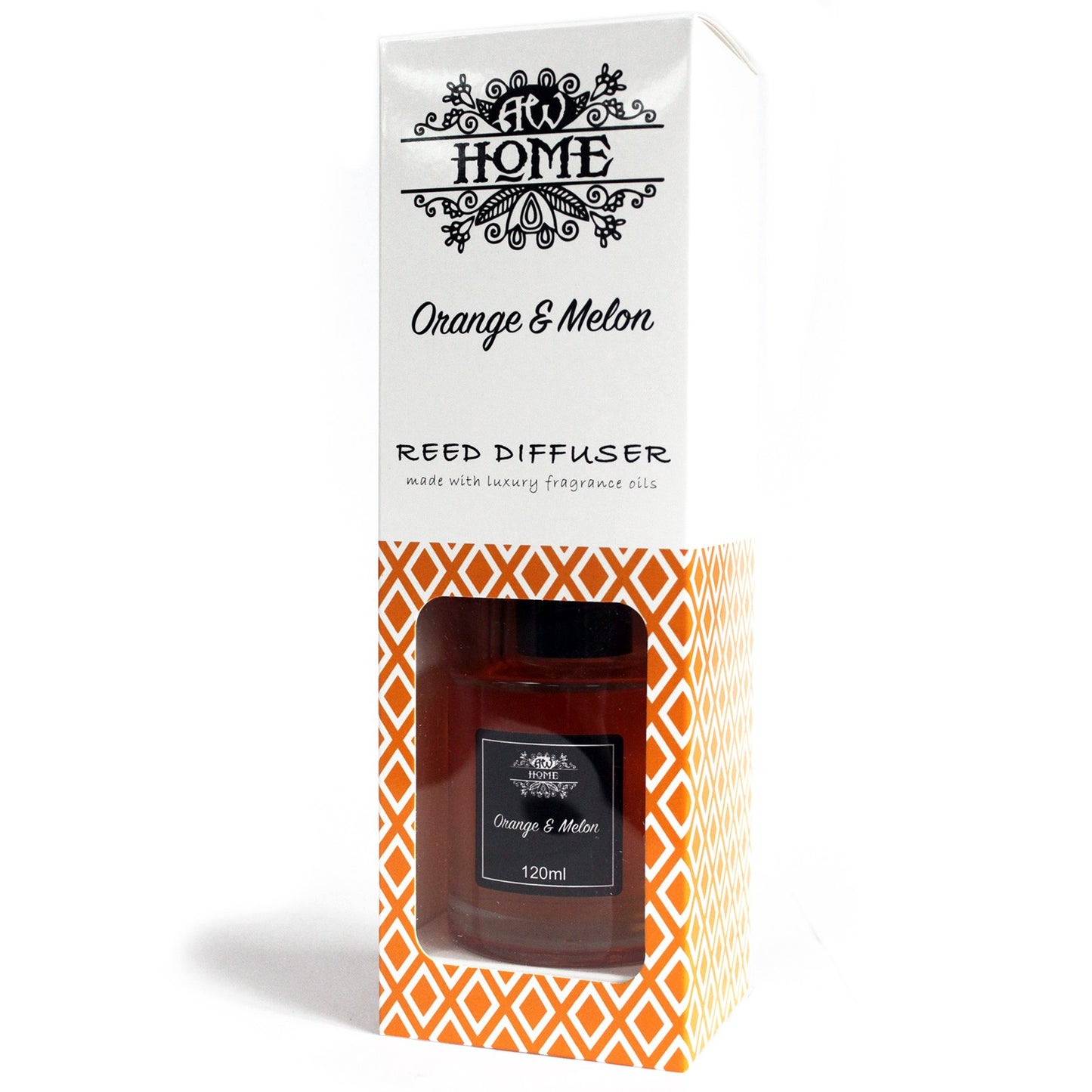 120ml reed diffuser with orange and melon fragrance in a clear glass bottle
