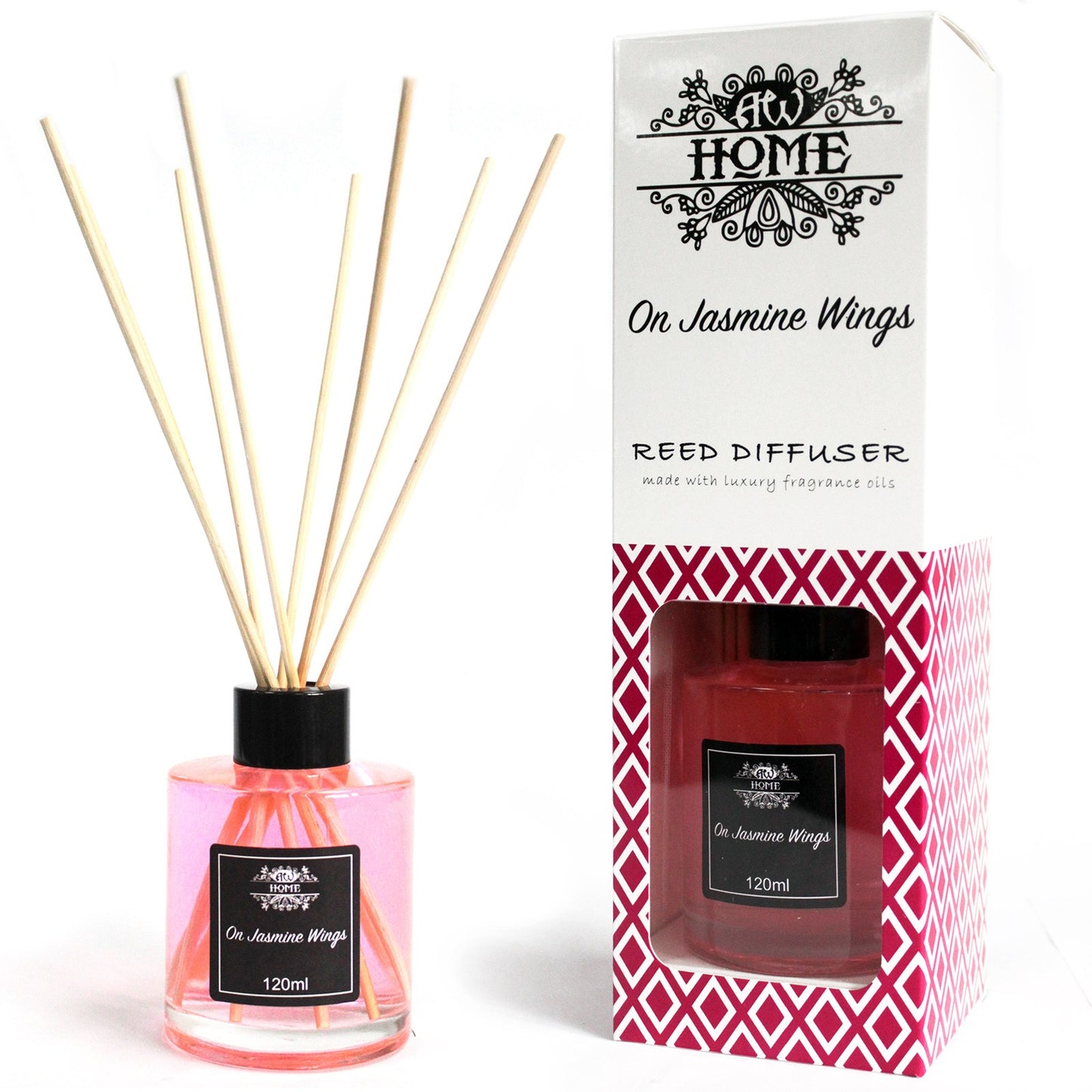 120ml reed diffuser with soft jasmine floral fragrance in a clear glass bottle