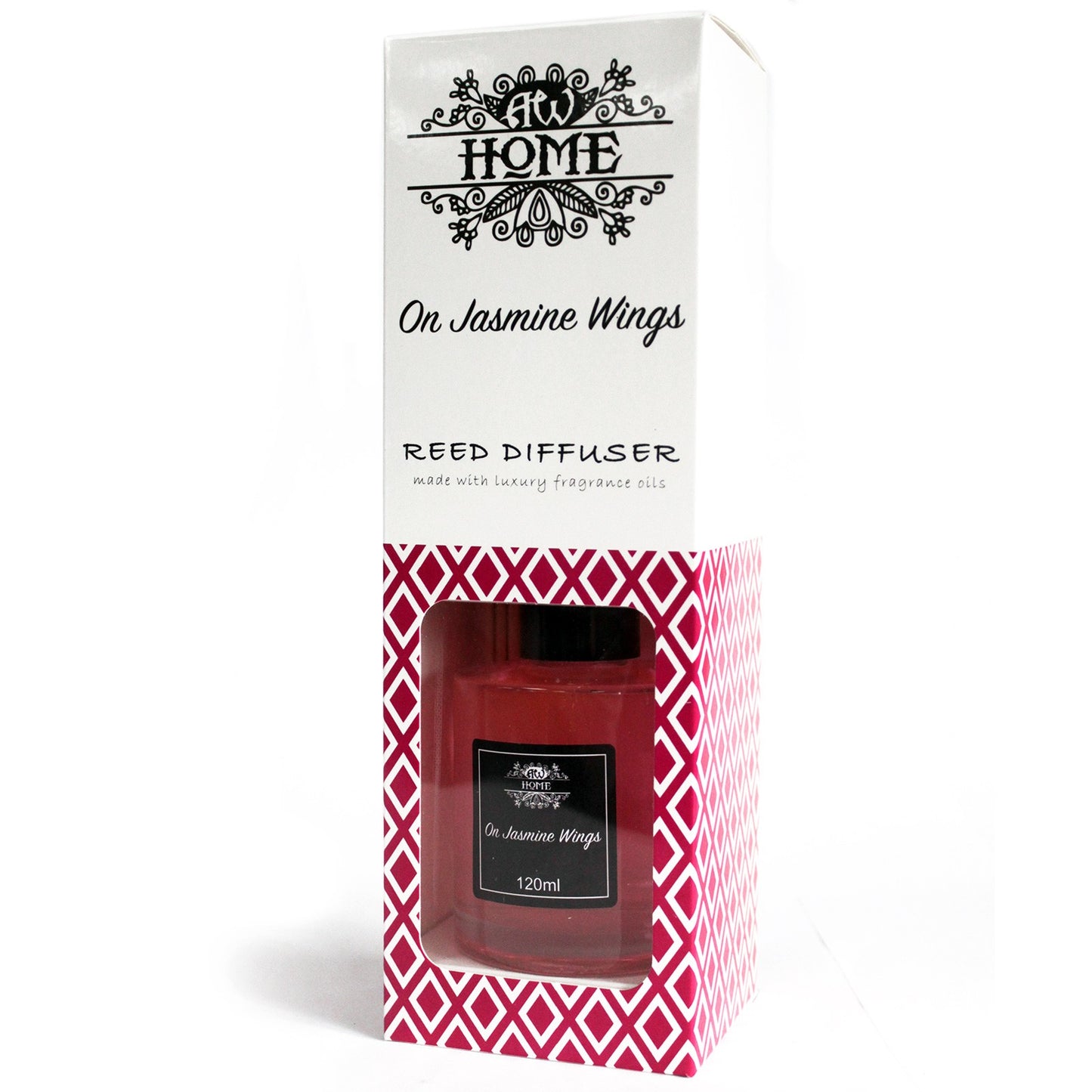 120ml reed diffuser with soft jasmine floral fragrance in a clear glass bottle