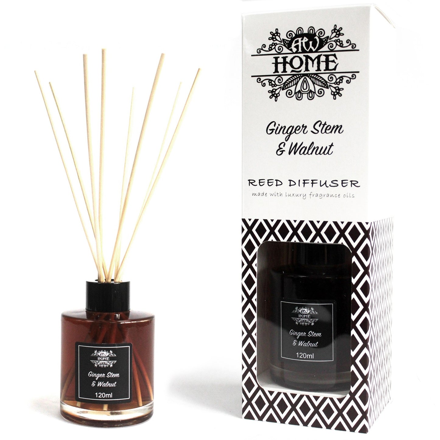 Ginger Stem & Walnut 120ml reed diffuser in clear glass bottle