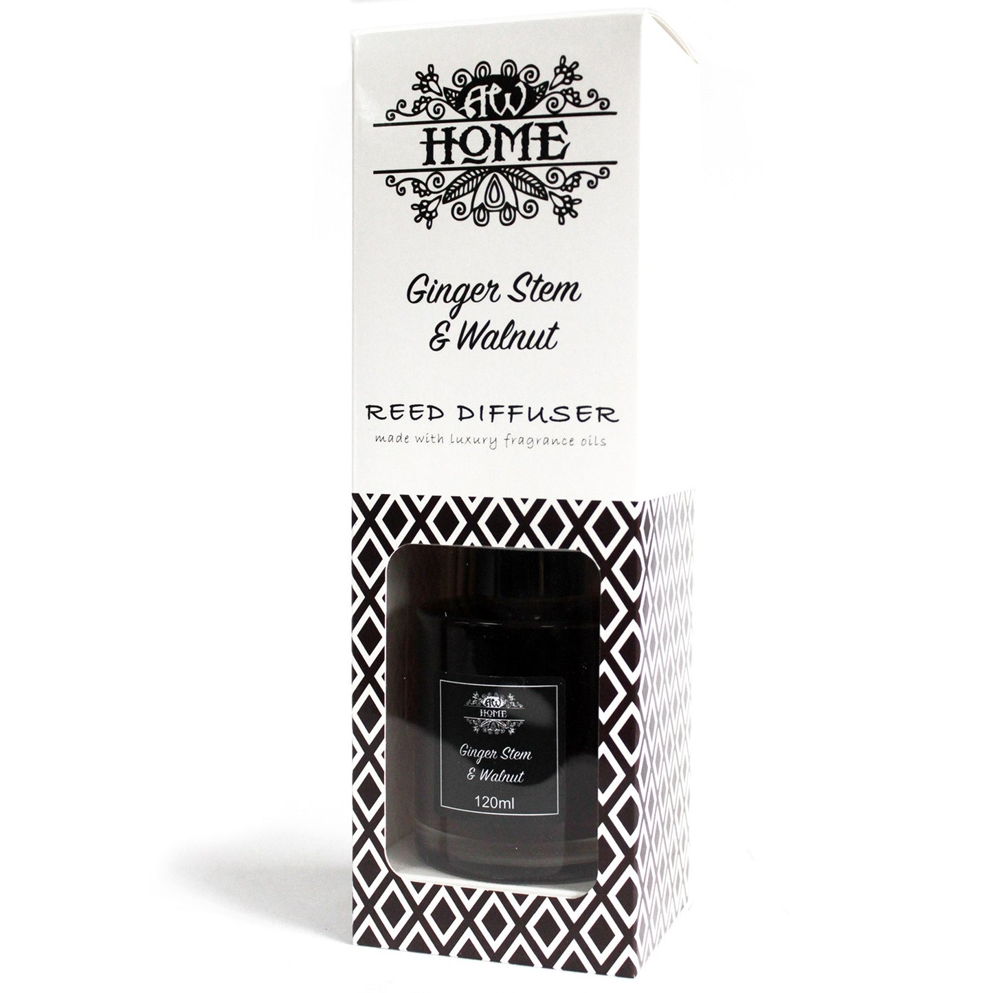Ginger Stem & Walnut 120ml reed diffuser in clear glass bottle