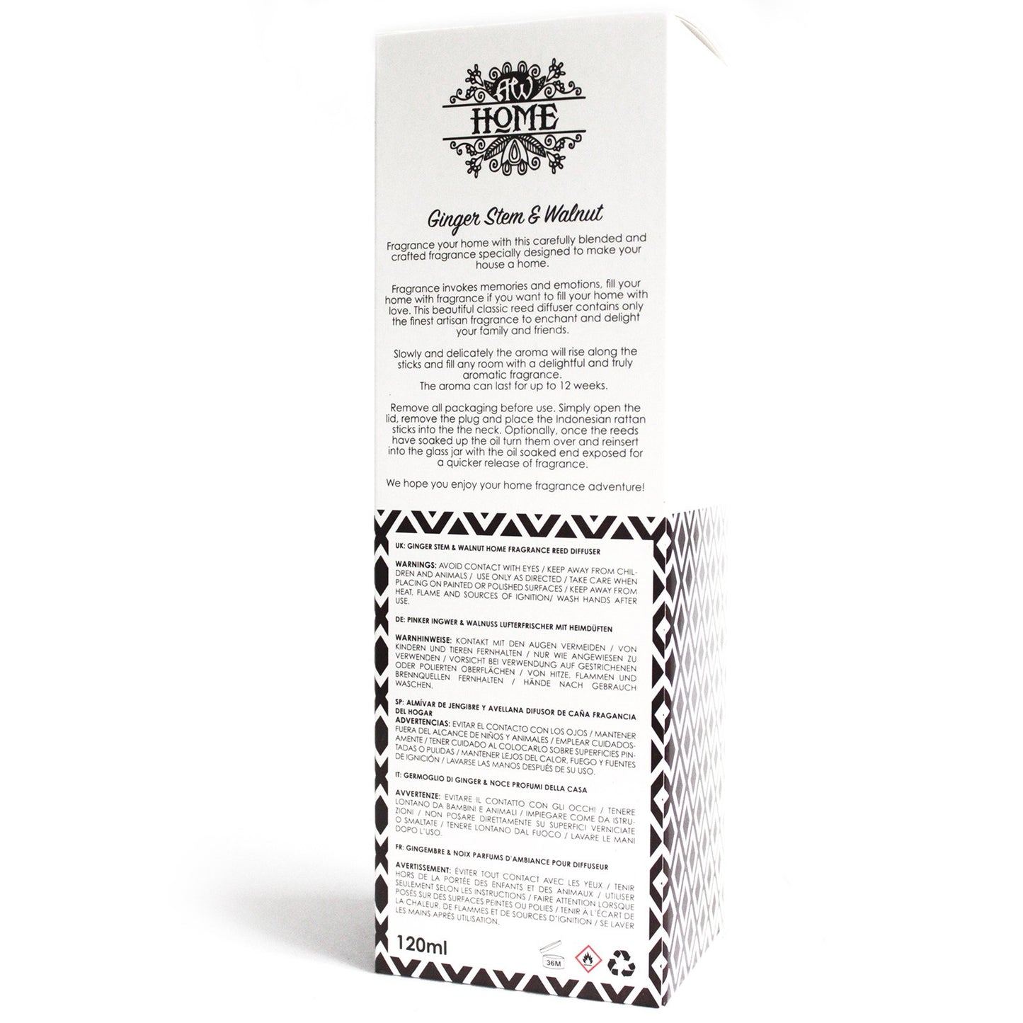 Ginger Stem & Walnut 120ml reed diffuser in clear glass bottle