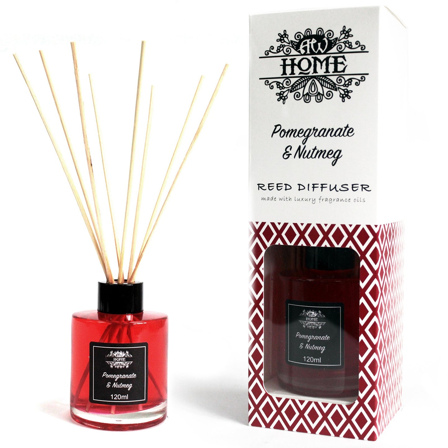 Pomegranate & Nutmeg 120ml reed diffuser in clear bottle with rattan reeds