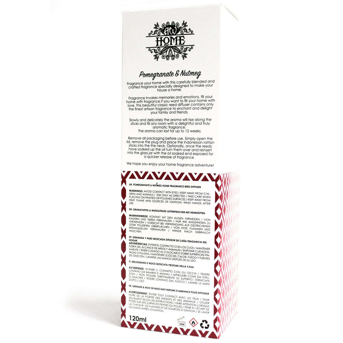 Pomegranate & Nutmeg 120ml reed diffuser in clear bottle with rattan reeds
