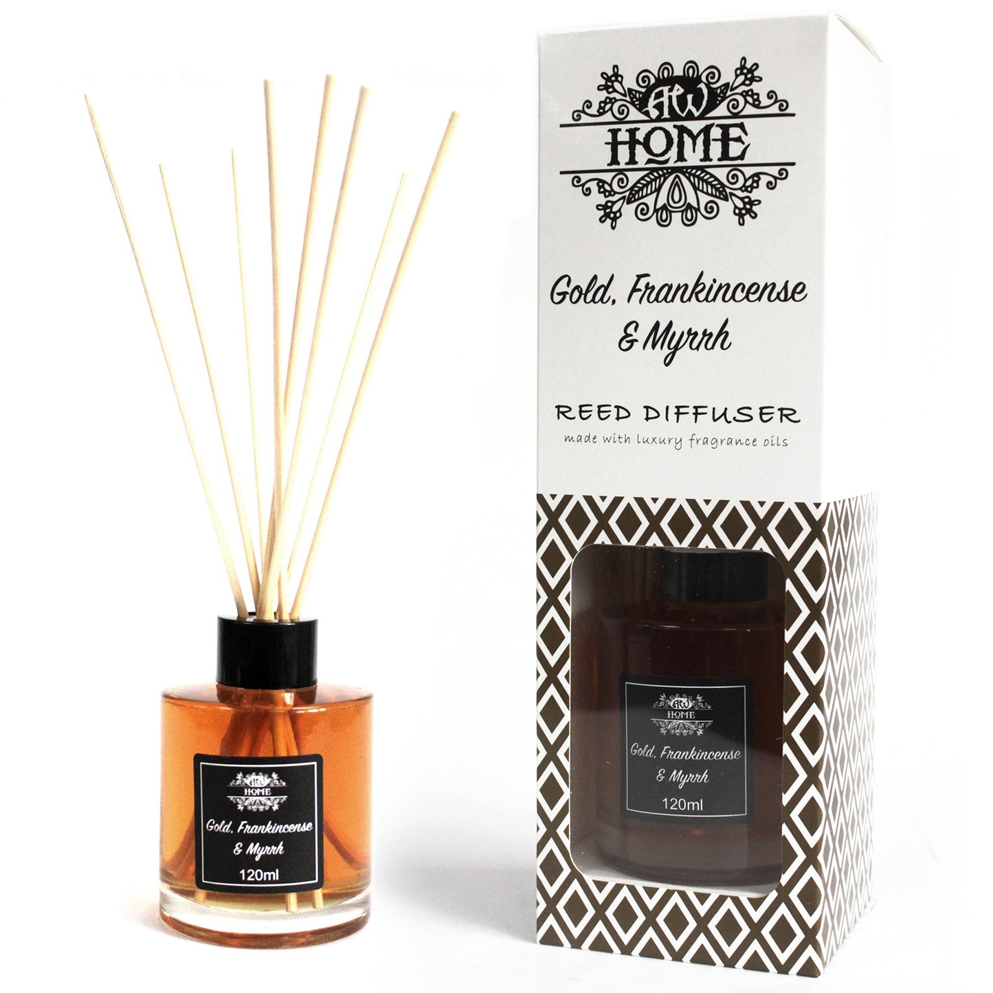 Gold, Frankincense & Myrrh 120ml reed diffuser in clear glass bottle with rattan sticks