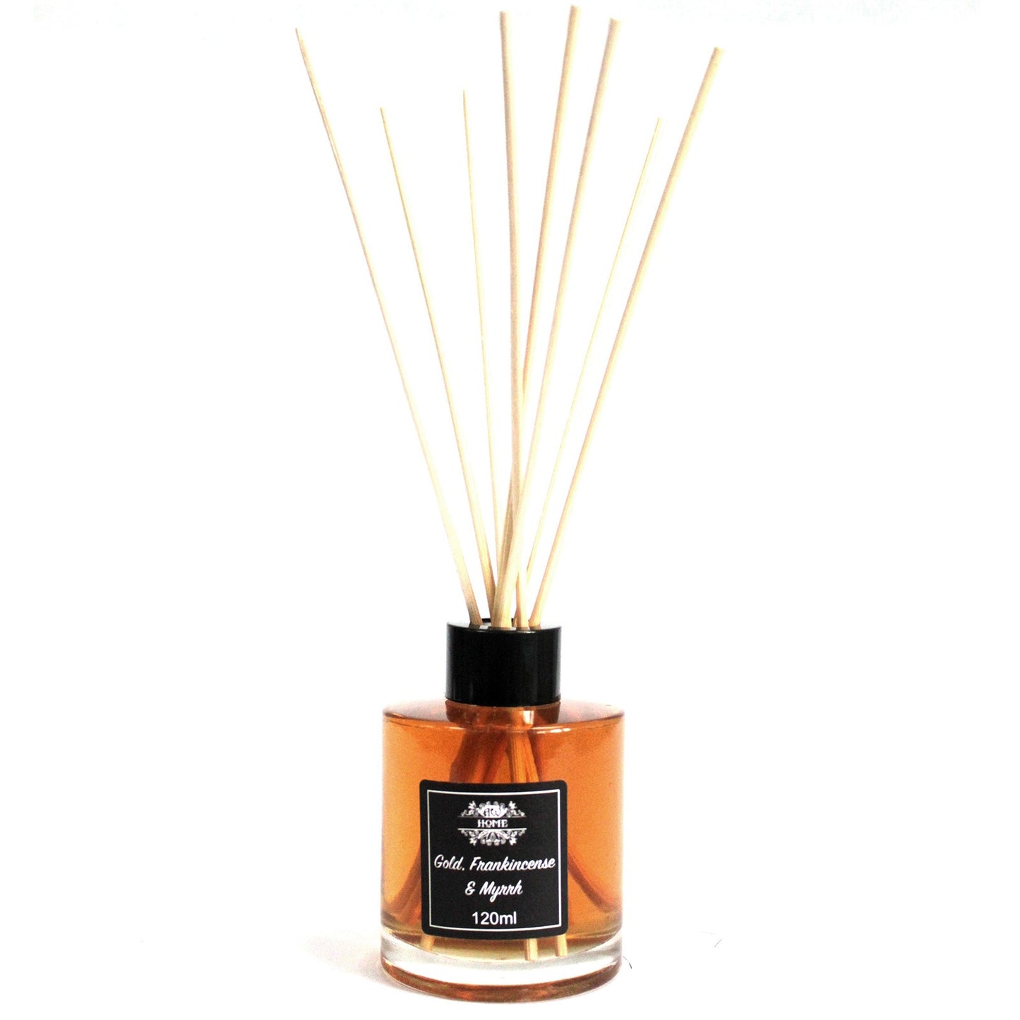 Gold, Frankincense & Myrrh 120ml reed diffuser in clear glass bottle with rattan sticks