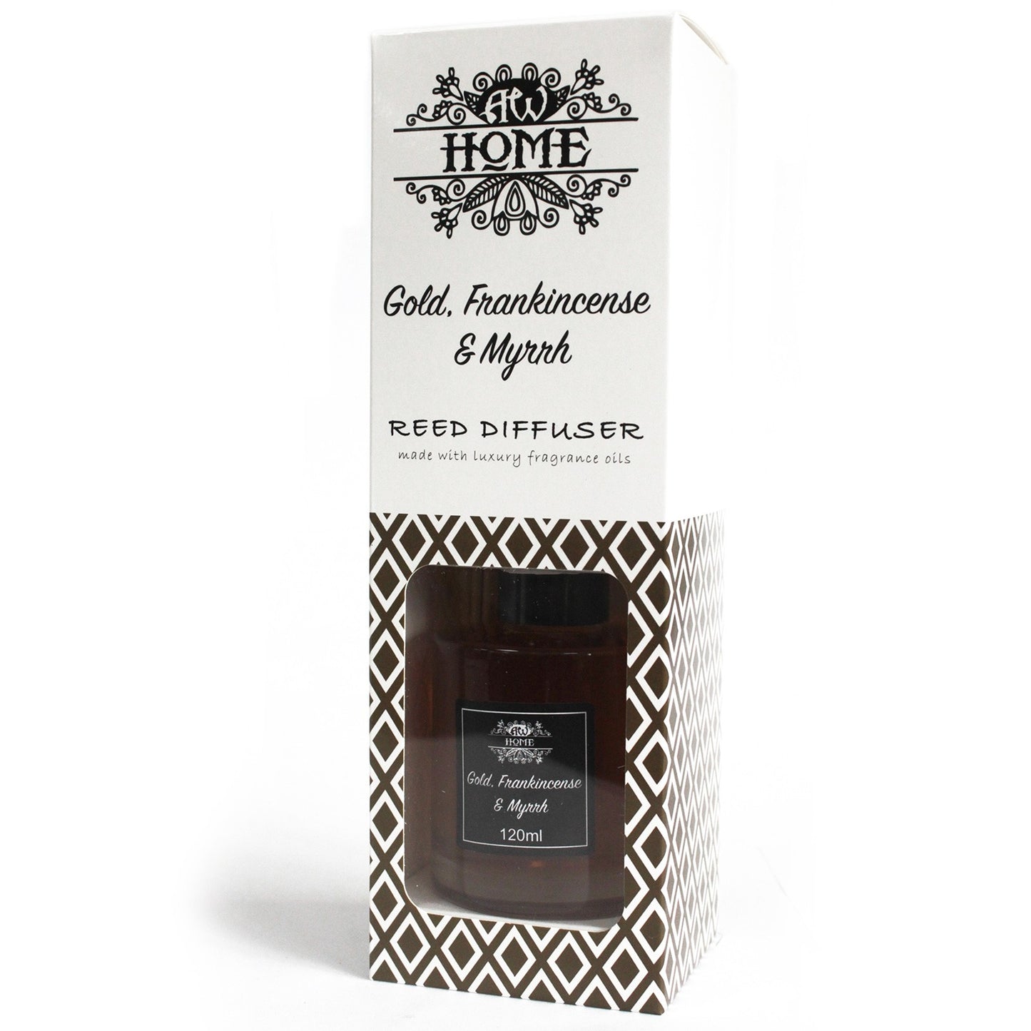 Gold, Frankincense & Myrrh 120ml reed diffuser in clear glass bottle with rattan sticks