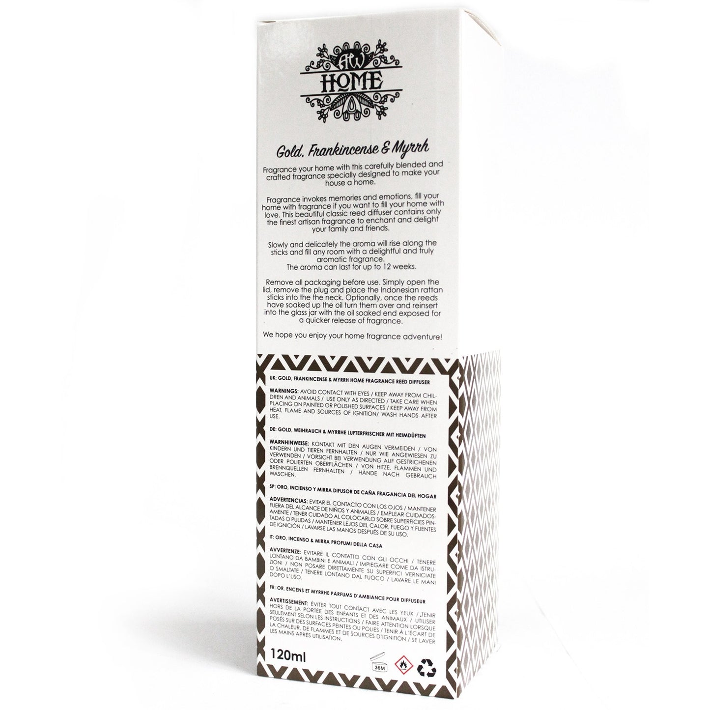 Gold, Frankincense & Myrrh 120ml reed diffuser in clear glass bottle with rattan sticks