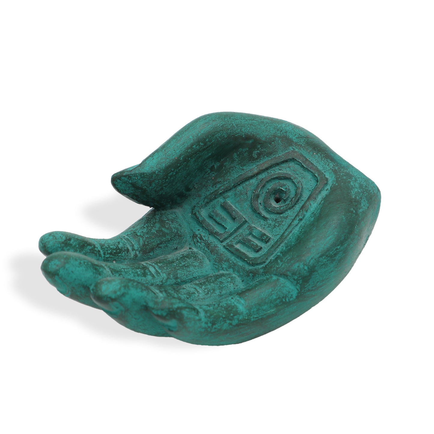 Green stone incense holder shaped like a hand with engraved tribal symbol and “Mother Earth Protection” text.