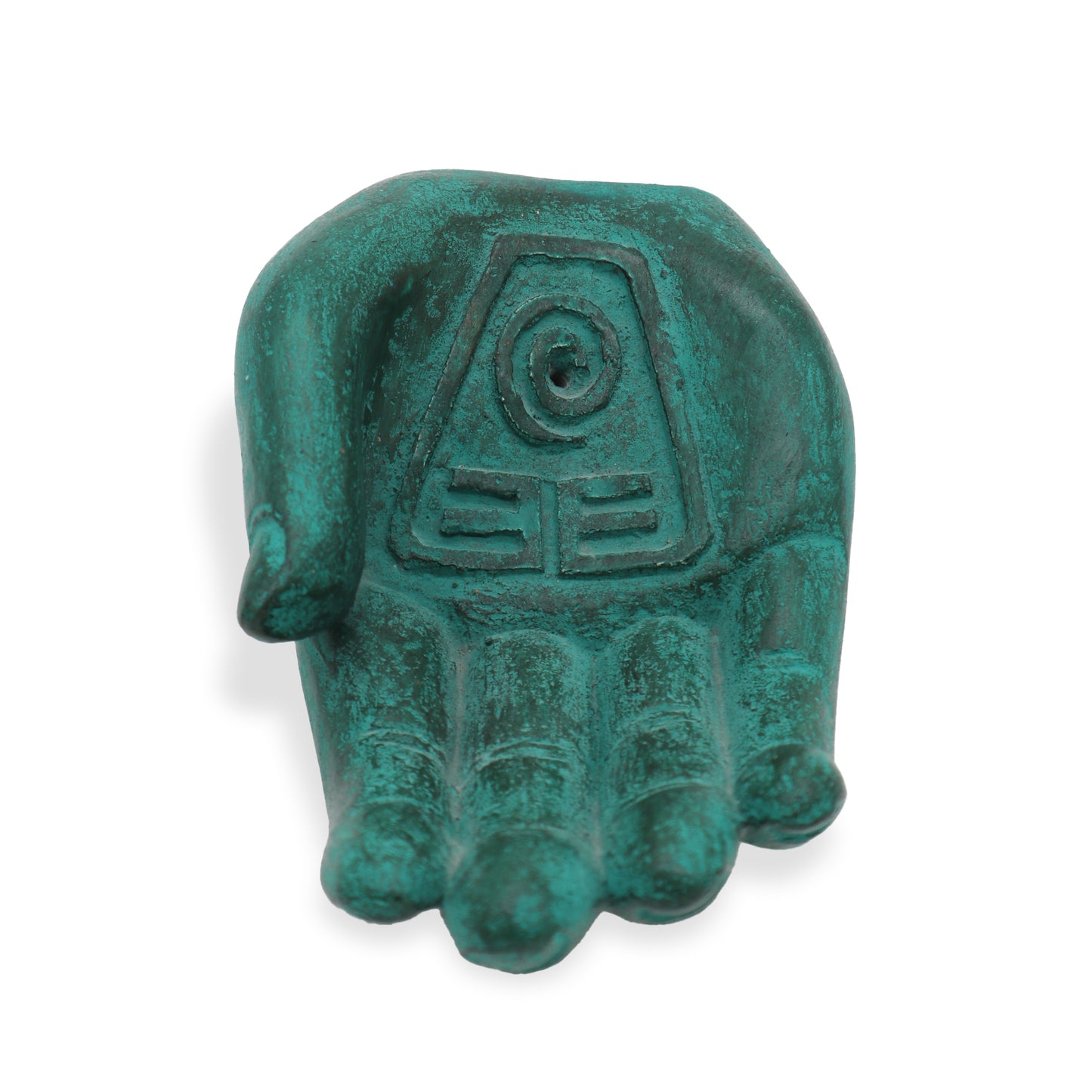 Green stone incense holder shaped like a hand with engraved tribal symbol and “Mother Earth Protection” text.
